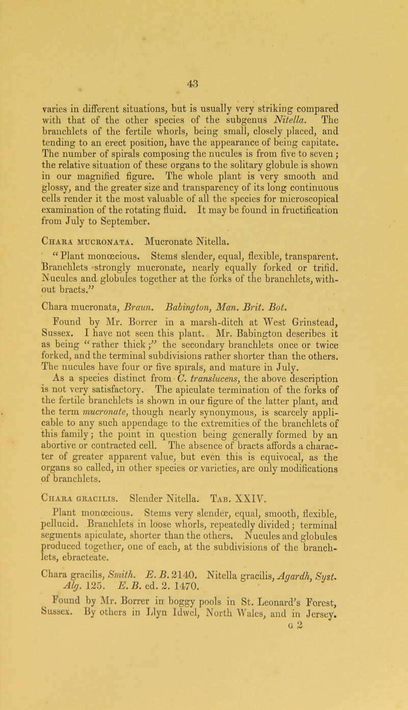 varies in different situations, but is usually very striking compared with that of the other species of the subgenus Nitella. The branchlets of the fertile whorls, being small, closely placed, and tending to an erect position, have the appearance of being capitate. The number of spirals composing the nucules is from five to seven; the relative situation of these organs to the solitary globule is shown in our magnified figure. The whole plant is very smooth and glossy, and the greater size and transparency of its long continuous cells render it the most valuable of all the species for microscopical examination of the rotating fluid. It may be found in fructification from July to September. Chara mucronata. Mucronate Nitella. “ Plant monoecious. Stems slender, equal, flexible, transparent. Branchlets strongly mucronate, nearly equally forked or trifid. Nucules and globules together at the forks of the branchlets, with- out bracts/-’ Chara mucronata, Braun. Babington, Man. Brit, Bot. Found by Mr. Borrer in a marsh-ditch at West Grinstead, Sussex. I have not seen this plant. Mr. Babington describes it as being “ rather thick •” the secondary branchlets once or twice forked, and the terminal subdivisions rather shorter than the others. The nucules have four or five spirals, and mature in July. As a species distinct from C. translucens, the above description is not very satisfactory. The apiculate termination of the forks of the fertile branchlets is shown in our figure of the latter plant, and the term mucronate, though nearly synonymous, is scarcely appli- cable to any such appendage to the extremities of the branchlets of this family; the point in question being generally formed by an abortive or contracted cell. The absence of bracts affords a charac- ter of greater apparent value, but even this is equivocal, as the organs so called, in other species or varieties, are only modifications of branchlets. Cuara gracilis. Slender Nitella. Tab. XXIV. Plant monoecious. Stems very slender, equal, smooth, flexible, pellucid. Branchlets in loose whorls, repeatedly divided; terminal segments apiculate, shorter than the others. Nucules and globules produced together, one of each, at the subdivisions of the branch- lets, ebracteate. Chara gracilis. Smith. E. B. 2140. Nitella gracilis, Aqardli, Syst. Alg. 125. E. B. ed. 2. 1470. Found by Mr. Borrer in boggy pools in St. Leonard’s Forest, Sussex. By others in Llyn Idwel, North Wales, and in Jersey. g 2