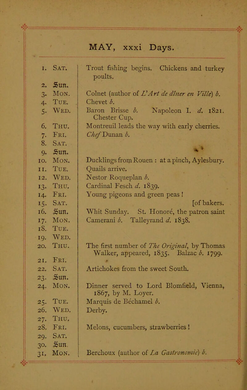 I. Sat. Trout fishing begins. Chickens and turkey poults. 2. Sun. 3- Mon. Colnet (author of L'Art de diner en Ville) b. 4- Tue. Chevet b. 5- Wed. Baron Brisse b. Napoleon I. d. 1821. Chester Cup. 6. Thu. Montreuil leads the way with early cherries. 7- Fri. Chef Dunan b. 8. Sat. 9- Sun. % * IO. Mon. Ducklings from Rouen : at a pinch, Aylesbury. II. Tue. Quails arrive. 12. Wed. Nestor Roqueplan b. i3- Thu. Cardinal Fesch d. 1839. 14. Fri. Young pigeons and green peas ! IS- Sat. [of bakers. 16. Sun. Whit Sunday. St. Honore, the patron saint 17- Mon. Camerani b. Talleyrand d. 1838. iS. Tue. 19- Wed. 20. Thu. The first number of The Original, by Thomas Walker, appeared, 1835. Balzac b. 1799. 21. Fri. 0 22. Sat. Artichokes from the sweet South. 23- Sun. 24. Mon. Dinner served to Lord Blomfield, Vienna, 1867, by M. Loyer. 25- Tue. Marquis de Bechamel b. 26. Wed. Derby. 27. Thu. 28. Fri. Melons, cucumbers, strawberries! 29. Sat. 30- Sun. 31- Mon. Berchoux (author of La Gastronomie) b.