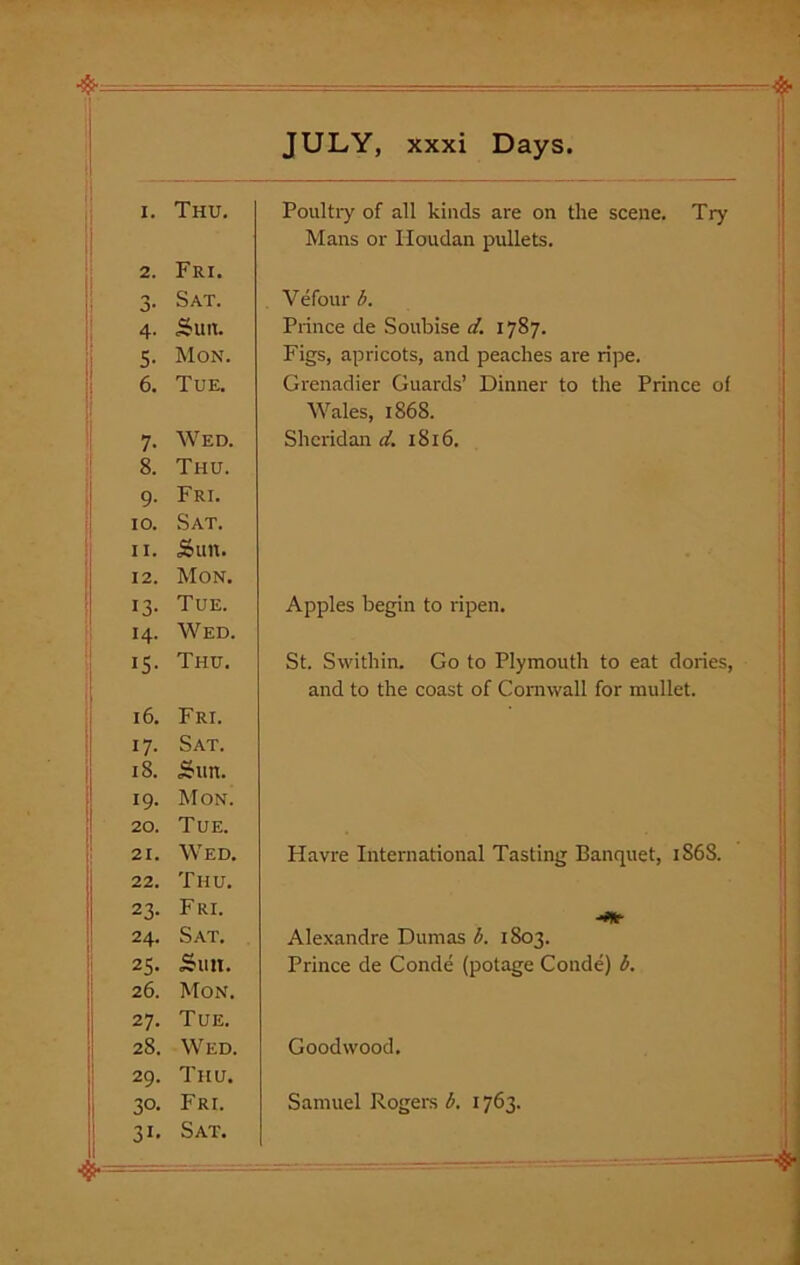 I. Thu. Poultry of all kinds are on the scene. Try Mans or Iloudan pullets. 2. Fri. 3* Sat. Vefour b. 4- Suit. Prince de Soubise d. 1787. 5- Mon. Figs, apricots, and peaches are ripe. 6. Tue. Grenadier Guards’ Dinner to the Prince of Wales, 1868. 7- Wed. Sheridan d. 1816. 8. Thu. 9- Fri. 10. Sat. ii. Sun. 12. Mon. 13- Tue. Apples begin to ripen. 14. Wed. IS- Thu. St. Swithin. Go to Plymouth to eat dories, and to the coast of Cornwall for mullet. 16. Fri. i7- Sat. 18. Sun. 19- Mon. 20. Tue. 21. Wed. Havre International Tasting Banquet, 1S68. 22. Thu. 23- F RI. -ife 24. Sat. Alexandre Dumas b. 1803. 25- Suit. Prince de Conde (potage Conde) b. 26. Mon. 27. Tue. 28. Wed. Goodwood. 29. Thu. 30. Fri. Samuel Rogers b. 1763. Sat.