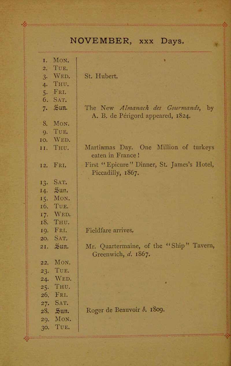 x I. Mon. 2. Tue. 3- W ED. 4- Thu. 5- Fri. 6. Sat. 7- Sun. 8. Mon. 9- Tue. 10. Wed. 11. Thu. 12. Fri. 13- Sat. 14. Suit. IS- Mon. 16. Tue. 17- Wed. 18. Thu. i9- Fri. 20. Sat. 21. Sun. 22. Mon. 23- Tue. 24. Wed. 25- Thu. 26. Fri. 27. Sat. 28. Sun. 29. Mon. 30- Tue. St. Hubert. The New Almanack des Gourmands, by A. B. de Perigord appeared, 1824. Martinmas Day. One Million of turkeys eaten in Franee ! First “Epicure” Dinner, St. James’s Hotel, Piccadilly, 1867. Fieldfare arrives. Mr. Quartermaine, of the “Ship” Tavern, Greenwich, d. 1867. Roger de Beauvoir b. 1809.