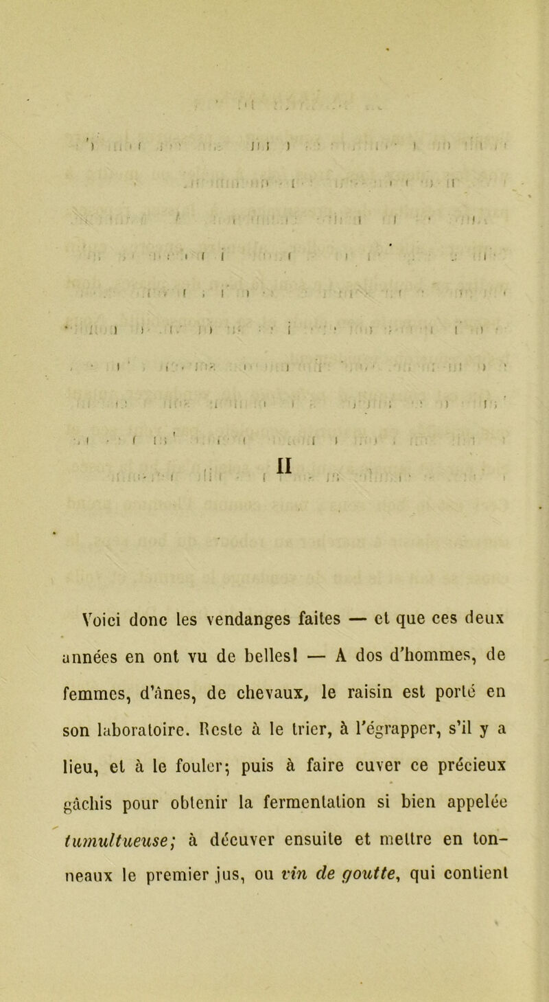 ) il I i • ' J! I ) | ;i - i » < n ‘ • < i i ■ ‘ ! : l I , , t i i i ii .1 < ! ; r i ■ • i • I ;; i i i ■' i t • • - i • ) • i i ■ i • I i • < ' i : i I I.! i i. l , I ( I I I i'i J Voici donc les vendanges faites — et que ces deux années en ont vu de belles 1 — A dos d'hommes, de femmes, d’ânes, de chevaux, le raisin est porte en son laboratoire. Reste à le trier, à l’égrapper, s’il y a lieu, et à le fouler; puis à faire cuver ce précieux gâchis pour obtenir la fermentation si bien appelée tumultueuse; à décuver ensuite et mettre en ton- neaux le premier jus, ou vin dégoutté, qui contient