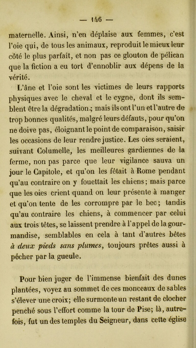 maternelle. Ainsi, n’en déplaise aux femmes, c’est l’oie qui, de tous les animaux, reproduit le mieux leur côté le plus parfait, et non pas ce glouton de pélican que la fiction a eu tort d’ennoblir aux dépens de la vérité. L’âne et l’oie sont les victimes de leurs rapports physiques avec le cheval et le cygne, dont ils sem- blent être la dégradation^ mais ils ont l’un et l’autre de trop bonnes qualités, malgré leurs défauts, pour qu’on ne doive pas, éloignant le point de comparaison, saisir les occasions de leur rendre justice. Les oies seraient suivant Columelle, les meilleures gardiennes de la ferme, non pas parce que leur vigilance sauva un jour le Capitole, et qu’on les fêtait à Rome pendant qu’au contraire on y fouettait les chiens; mais parce que les oies crient quand on leur présente à manger et qu’on tente de les corrompre par le bec ; tandis qu’au contraire les chiens, à commencer par celui aux trois têtes, se laissent prendre à l’appel de la gour- mandise, semblables en cela à tant d’autres bêtes à deux pieds sans plumes, toujours prêtes aussi à pécher par la gueule. Pour bien juger de l’immense bienfait des dunes plantées, voyez au sommet de ces monceaux de sables s’élever une croix; elle surmonte un restant de clocher penché sous l’effort comme la tour de Pise; là, autre- fois, fut un des temples du Seigneur, dans cette église