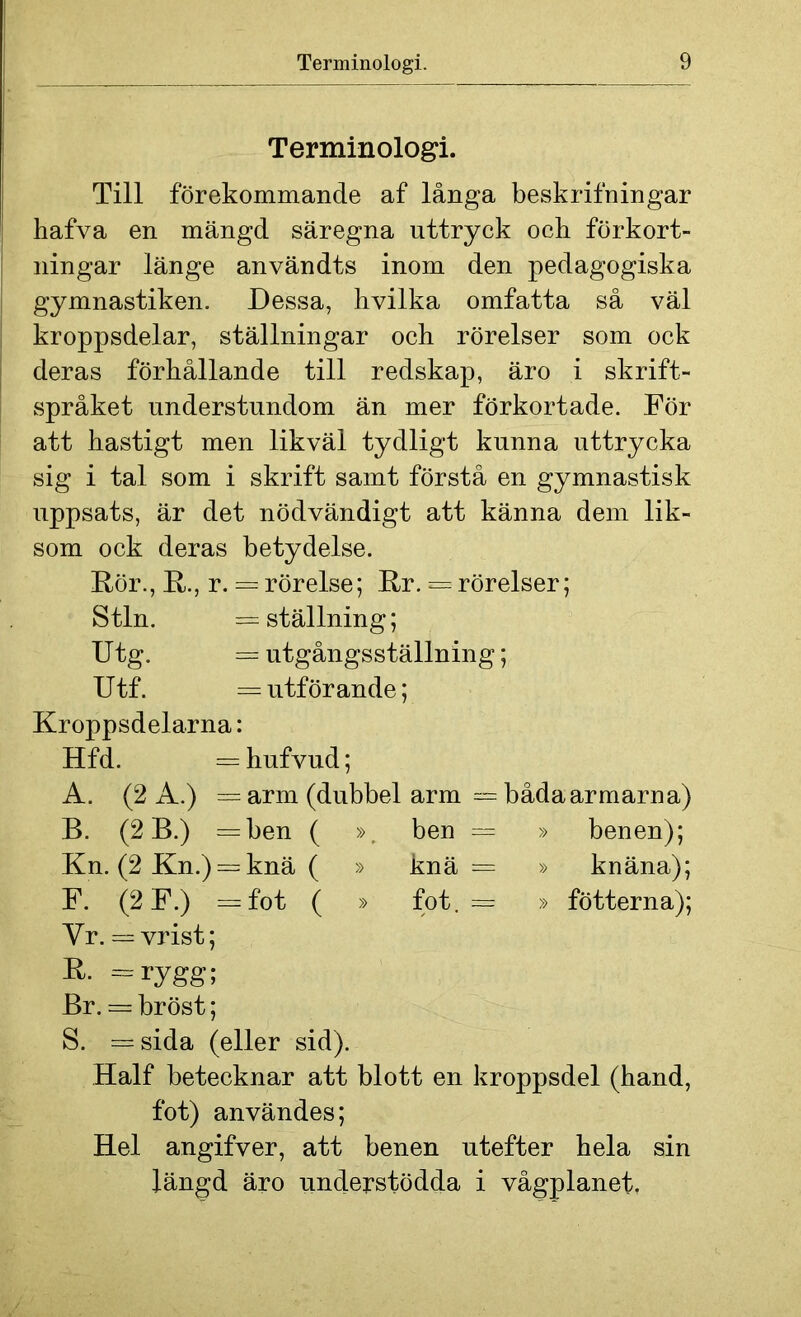 Terminologi. Till förekommande af långa beskrifningar hafva en mängd säregna uttryck ock förkort- ningar länge användts inom den pedagogiska gymnastiken. Dessa, hvilka omfatta så väl kroppsdelar, ställningar och rörelser som ock deras förhållande till redskap, äro i skrift- språket understundom än mer förkortade. För att hastigt men likväl tydligt kunna uttrycka sig i tal som i skrift samt förstå en gymnastisk uppsats, är det nödvändigt att känna dem lik- som ock deras betydelse. Rör., R., r. =mrörelse; Rr. = rörelser; Stln. = ställning; Utg. = utgångsställning; U tf. = utförande; Kroppsdelarna: Hfd. = hufvud; A. (2 A.) = arm (dubbel arm — båda armarna) B. (2 B.) =ben ( », ben = » benen); Kn. (2 Kn.) —knä ( » knä = » knäna); F. (2 F.) =fot ( » fot. = » fotterna); Yr. = vrist; R- =rygg; Br. = bröst; S. =sida (eller sid). Half betecknar att blott en kroppsdel (hand, fot) användes; Hel angifver, att benen utefter hela sin längd äro understödda i vågplanet.