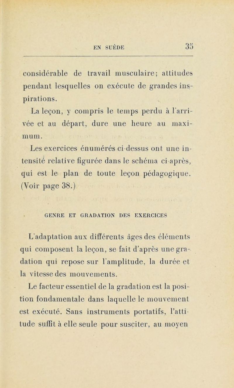 considérable de travail musculaire; attitudes pendant lesquelles on exécute de grandes ins- pirations. La leçon, y compris le temps perdu à l’arri- vée et au départ, dure une heure au maxi- mum. Les exercices énumérés ci-dessus ont une in- tensité relative figurée dans le schéma ci-après, qui est le plan de toute leçon pédagogique. (Voir page 38.) GENRE ET GRADATION DES EXERCICES L’adaptation aux différents âges des éléments qui composent la leçon, se fait d’après une gra- dation qui repose sur l'amplitude, la durée et la vitesse des mouvements. Le facteur essentiel de la gradation est la posi- tion fondamentale dans laquelle le mouvement est exécuté. Sans instruments portatifs, l’atti- tude suffit à elle seule pour susciter, au moyen