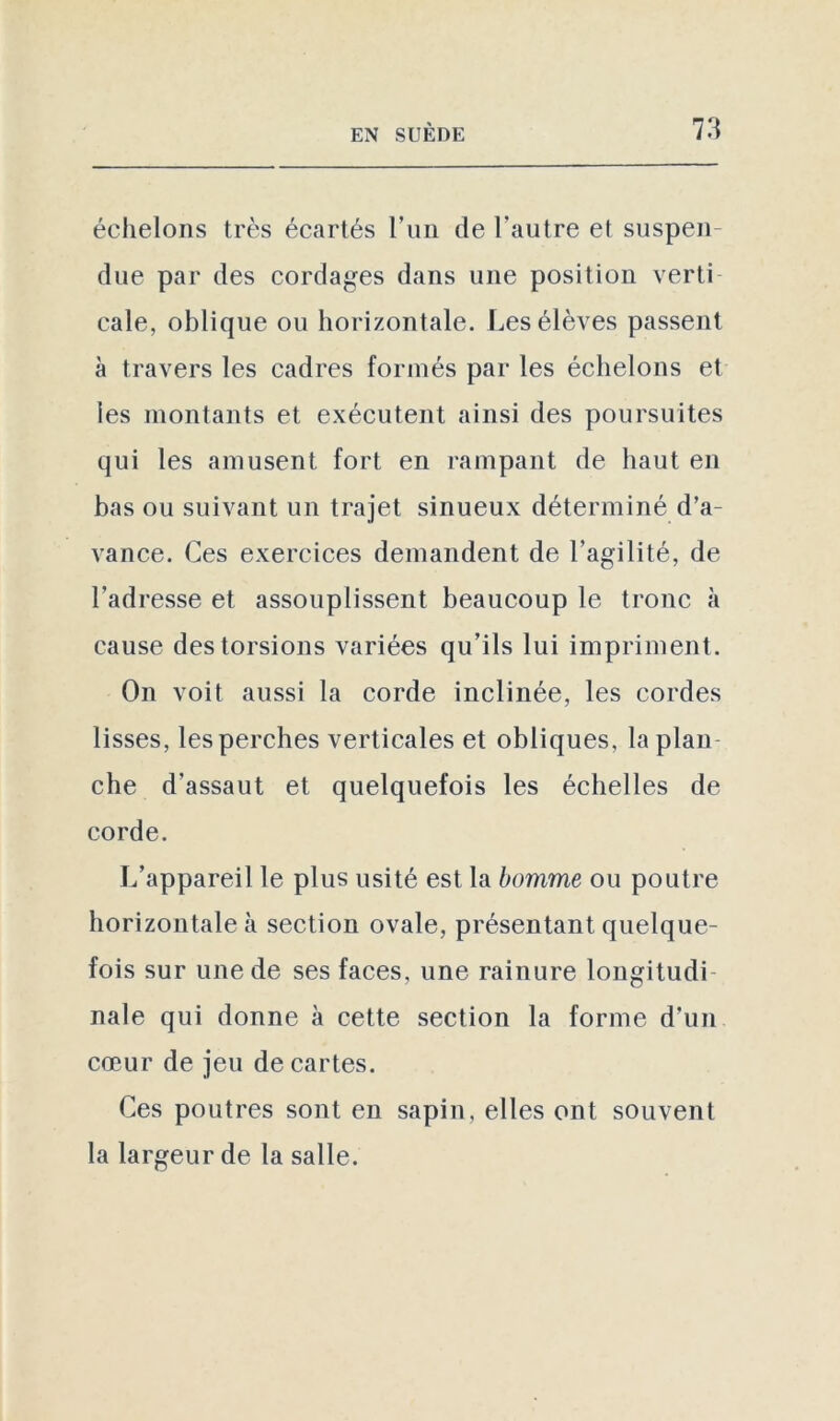 échelons très écartés l’un de l'autre et suspen- due par des cordages dans une position verti cale, oblique ou horizontale. Les élèves passent à travers les cadres formés par les échelons et les montants et exécutent ainsi des poursuites qui les amusent fort en rampant de haut en bas ou suivant un trajet sinueux déterminé d’a- vance. Ces exercices demandent de l’agilité, de l’adresse et assouplissent beaucoup le tronc à cause des torsions variées qu’ils lui impriment. On voit aussi la corde inclinée, les cordes lisses, les perches verticales et obliques, la plan- che d’assaut et quelquefois les échelles de corde. L’appareil le plus usité est la homme ou poutre horizontale à section ovale, présentant quelque- fois sur une de ses faces, une rainure longitudi nale qui donne à cette section la forme d’un cœur de jeu de cartes. Ces poutres sont en sapin, elles ont souvent la largeur de la salle.