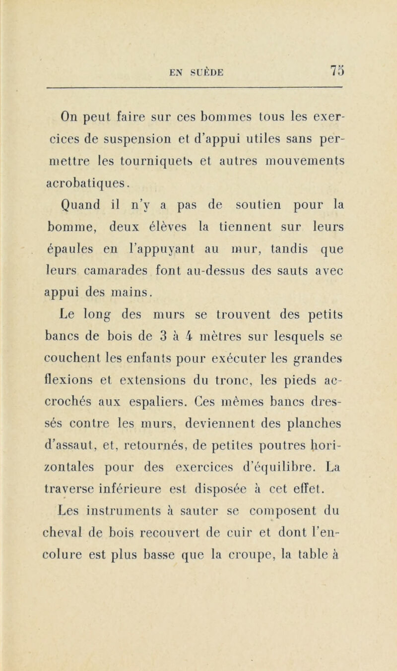 On peut faire sur ces hommes tous les exer- cices de suspension et d’appui utiles sans per- mettre les tourniquets et autres mouvements acrobatiques. Quand il n’y a pas de soutien pour la homme, deux élèves la tiennent sur leurs épaules en l’appuyant au mur, tandis que leurs camarades font au-dessus des sauts avec appui des mains. Le long des murs se trouvent des petits bancs de bois de 3 à 4 mètres sur lesquels se couchent les enfants pour exécuter les grandes flexions et extensions du tronc, les pieds ac- crochés aux espaliers. Ces mêmes bancs dres- sés contre les murs, deviennent des planches d’assaut, et, retournés, de petites poutres hori- zontales pour des exercices d'équilibre. La traverse inférieure est disposée à cet effet. Les instruments à sauter se composent du cheval de bois recouvert de cuir et dont l’en- colure est plus basse que la croupe, la table à