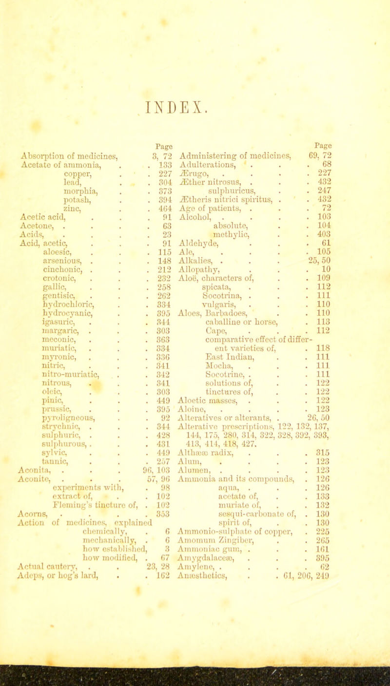 INDEX. Absorption of medicines, Page 3, 72 Administering of medicines, Page 69, 72 Acetate of ammonia, . 133 Adulterations, ' . . 68 copper, . 227 iErugo, . 227 lead, . 304 iEther nitrosus, . sulphuricus, 432 morphia, . 373 . 247 potash, . 394 iEtheris uitrici spiritus, . 432 zinc, . 464 Age of patients, . 72 Acetic acid, . 91 Alcohol, . 103 Acetone, . . 63 absolute, 104 Acids, Acid, acetic, . 23 methylic, . 403 . 91 Aldehyde, . 61 aloesic, . 115 Ale, . 105 arsenious, . . 148 Alkalies, . 2 5, 50 cinchonic, . 212 Allopathy, 10 crotonic, 232 Aloe, characters of, . 109 gallic, . 258 spicata, . 112 gentisic, . 262 Socotrina, . 111 hydrochloric, . 334 vulgaris, . 110 hydrocyanic, . 395 Aloes, Barbadoes, . 110 igasuric, . 344 caballine or horse, . 113 margaric, . 303 Cape, 112 meconic, . 363 comparative effect of differ- muriatic, . 334 ent varieties of, . 118 myronic, . 336 East Indian, . 111 nitric, . 341 Mocha, . 111 nitro-muriatic, . 342 Soco trine, . 111 nitrous, . 341 solutions of, . 122 oleic, . . 303 tinctures of, . 122 pinic, . 449 Aloetic masses, . 122 prussic, pyroligneous, . 395 Aloine, . 123 . 92 Alteratives or alterants, . 26, 50 strychnic, . . 344 Alterative proscriptions, 122, 132, 137, sulphuric, . . 428 144, 175, 280, 314, 322, 328, 392, 393, sulphurous, . sylvic, . 431 . 449 413, 414, 418, 427. Althaun radix, 315 tannic, . 257 Alum, . 123 Aconita, 96, 103 Alumen, . 123 Aconite, experiments with, 57, 96 Ammonia and its compounds, 126 . 98 aqua, . . 126 extract of, ■ . . 102 acetate of, . 133 Fleming’s tincture of, . 102 muriate of, . 132 Acorns, . 353 sesqui-carbonate of • 130 Action of medicines, explained spirit of, Ammonio-sulplmte of copper, . 130 chemically, 6 . 225 mechanically, 6 Amomum Zingiber, . 265 how established, 3 Ammoniac gum, . 161 how modified, . 67 Amygdalacero, . 395 Actual cautery, Adops, or hog’s lard, 23, 28 Amyleno, . 62 . 162 Amesthetics, . . Cl, 206 249