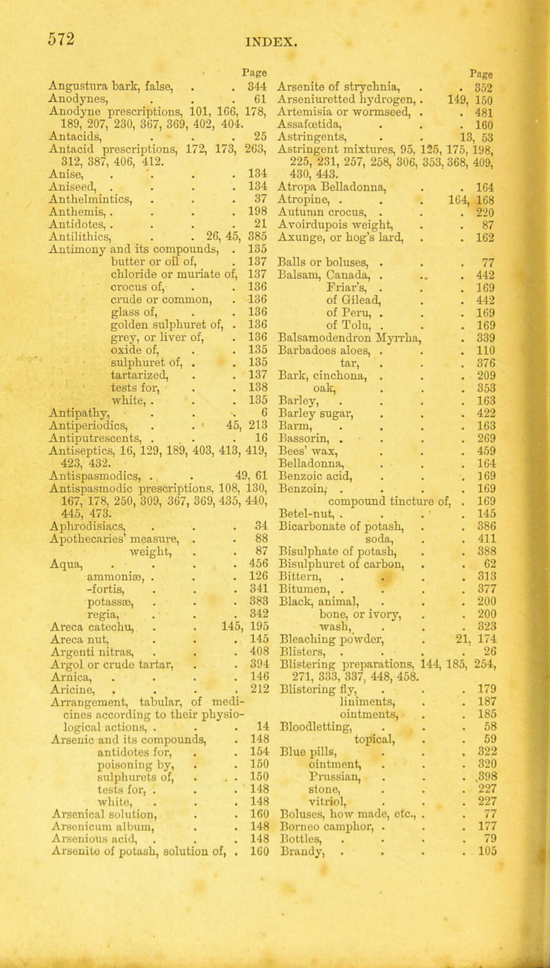 Page Angustura bark, false, . . 344 Anodynes, . . .61 Anodyne prescriptions, 101, 166, 178, 189, 207, 230, 367, 369, 402, 404. Antacids, . . .25 Antacid prescriptions, 172, 173, 263, 312, 387, 406, 412. Anise, . '. . . 134 Aniseed, .... 134 Anthelmintics, . . .37 Anthemis,.... 198 Antidotes,. . . .21 Antilithics, . . 26, 45, 385 Antimony and its compounds, . 135 butter or oil of, . 137 chloride or muriate of, 137 crocus of, . . 136 crude or common, . 136 glass of, . . 136 golden sulphuret of, . 136 grey, or liver of, . 136 oxide of, . . 135 sulphuret of, . . 135 tartarized, . . 137 tests for, . . 138 white, . . . 135 Antipathy, . . •. 6 Antiperiodics, . 45, 213 Antiputrescents, . . .16 Antiseptics, 16, 129, 189, 403, 413, 419, 423, 432. Antispasmodics, . . 49, 61 Antispasmodic prescriptions, 108, 130, 167, 178, 250, 309, 367, 369, 435, 440, 445, 473. Aphrodisiacs, . . .34 Apothecaries’ measure, . . 88 weight, . . 87 Aqua, .... 456 ammoniac, . . . 126 -fortis, . . . 341 potass®, . . . 383 regia, . . . 342 Areca catechu, . . 145, 195 Areca nut, . . . 145 Argenti nitras, . . . 408 Argol or crude tartar, . . 394 Arnica, .... 146 Aricine, . . . .212 Arrangement, tabular, of medi- cines according to their physio- logical actions, . . .14 Arsenic and its compounds, . 148 antidotes for, . . 154 poisoning by, . .150 sulphurets of, . . . 150 tests for, . . . 148 white, . . . 148 Arsenical solution, . . 160 Arsenicum album, . . 148 Arsenious acid, . . . 148 Arsenite of potash, solution of, . 160 Page Arsenite of strychnia, . . 352 Arseniuretted lij'drogen,. 149, 150 Artemisia or wormseed, . . 481 Assafoetida, . . . 160 Astringents, . . 13, 53 Astringent mixtures, 95, 125, 175, 198, 225, 231, 257, 258, 306, 353, 368, 409, 430, 443. Atropa Belladonna, . . 164 Atropine, . . . 164, 168 Autumn crocus, . . . 220 Avoirdupois weight, . . 87 Axunge, or hog’s lard, . . 162 Balls or boluses, . . .77 Balsam, Canada, . .. . 442 Friar’s, . . . 169 of Gilead, . . 442 of Peru, . . . 169 of Tolu, . . . 169 Balsamodendron Myrrha, . 339 Barbadoes aloes, . . . 110 tar, . . . 376 Bark, cinchona, . . . 209 oak, . . . 353 Barley, .... 163 Barley sugar, . . . 422 Barm, .... 163 Bassorin, . . . . 269 Bees’ wax, . . . 459 Belladonna, . . . 164 Benzoic acid, . . .169 Benzoin,- .... 169 compound tincture of, . 169 Betel-nut, . . . 1 . 145 Bicarbonate of potash, . . 386 soda, . . 411 Bisulphate of potash, . . 388 Bisulphuret of carbon, . . 62 Bittern, . . . .313 Bitumen, .... 377 Blade, animal, . . . 200 bone, or ivory, . . 200 wash, . . . 323 Bleaching powder, . 21, 174 Blisters, . . . .26 Blistering preparations, 144, 185, 254, 271, 333, 337, 448, 458. Blistering fly, liniments, ointments, Bloodletting, topical, Blue pills, ointment, Prussian, stone, vitriol, Boluses, how made, etc., Borneo camphor, . Bottles, Brandy, 179 187 185 58 59 322 320 .398 227 227 77 177 79 105