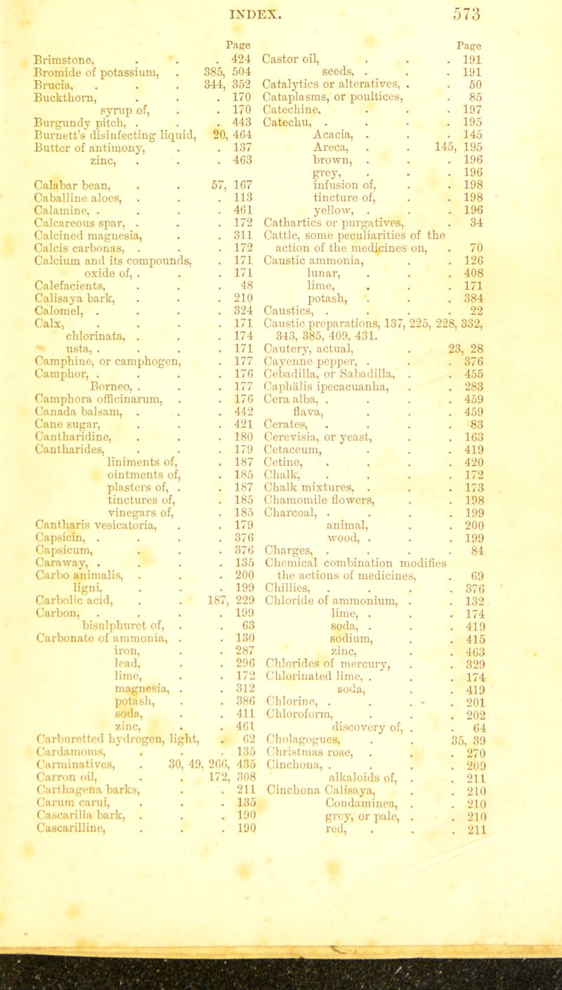 Page Page Brimstone, . 424 Castor oil, 191 Bromide of potassium, 385, 504 seeds, . 191 Brucia, 344, 352 Catalytics or alteratives, . 50 Buckthorn, . 170 Cataplasms, or poultices, 85 syrup of, . 170 Catechine, 197 Burgundy pitch, . . 443 Catechu, .... 195 Burnett’s disinfecting liquid, 20, 4G4 Acacia, . 145 Butter of antimony, . 137 Areca, . . 145 195 zinc, . 463 brown, . 196 grey, 196 Calabar bean, 57, 167 infusion of, 198 Caballine aloes, . 113 tincture of, 198 Calamine, . . 461 yellow, . 196 Calcareous spar, . . 172 Cathartics or purgatives, 34 Calcined magnesia, . 311 Cattle, some peculiarities of the Calcis carbonas, . . 172 action of the medicines on, 70 Calcium and its compounds, . 171 Caustic ammonia, 126 oxide of, . . 171 lunar, 408 Calefacients, . 48 lime, 171 Calisaya bark, . 210 potash, 384 Calomel, . . 324 Caustics, .... 22 Calx, . 171 Caustic preparations, 137, 225, 228, 332, chlorinata, . . 174 343, 385, 409, 431. •* usta, . . 171 Cautery, actual, . 23, 28 Camphiue, or camphogen, . 177 Cayenne pepper, . 376 Camphor, . . 176 Cebadilla, or Sabadilla, . 455 Borneo, . . 177 Capbalis ipecacuanha, 283 Camphora officinarum, . 176 Cera alba, .... 459 Canada balsam, . . 442 flava, 459 Cane sugar, . 421 Cerates, .... 83 Cantharidine, . 180 Cerevisia, or yeast, 163 Cantharides, . 179 Cetaceum, 419 liniments of, . 187 Cetine, .... 420 ointments of, . 185 Chalk, . . . . 172 plasters of, . . 187 Chalk mixtures, . 173 tinctures of, . 185 Chamomile flowers, 198 vinegars of, . 185 Charcoal, .... 199 Cantharis vesicatoria, . 179 animal, 200 Capsicin, . . 376 wood, . 199 Capsicum, . 376 Charges, .... 84 Caraway, . . 135 Chemical combination modifies Carbo animalis, . 200 the actions of medicines, 69 ligni, . 199 Chillies, . . . . 376 Carbolic acid, 187, 229 Chloride of ammonium, . 132 Carbon, . 199 lime, . 174 bisulphuret of, . . 63 soda, . 419 Carbonate of ammonia, . . 130 sodium, 415 iron, . 287 zinc, 463 lead, . 296 Chlorides of mercury, 329 lime, . 172 Chlorinated lime, . 174 magnesia, . . 312 soda, 419 potash, . 386 Chlorine, . . . - 201 soda, . 411 Chloroform, 202 zinc, . 461 discovery of, . 64 Carburetted hydrogen, light, . 62 Cholagogues, . . 35, 39 Cardamoms, . . 135 Christmas rose, 270 Carminatives, , 30, 49 266, 435 Cinchona, . . . . 209 Carron oil, 172, 308 alkaloids of, . 211 Carthagena barks, . 211 Cinchona Calisaya, 210 Carum carui, . 135 Condaminea, . 210 Cascarilla bark, . . 190 grey, or pale, . 210 Cascarilline, . 190 rod, 211