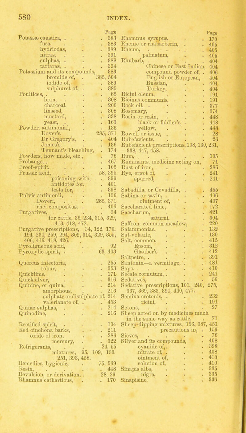 Page Potass® caustica, . . 383 fusa, . 383 liydriodas, . 389 nitras, . 391 sulphas, . . 388 tartaras, . . 394 Potassium and its compounds, 383 bromide of, 385, 504 iodide of, • . . 389 sulpkuret of, . . 385 Poultices, . . 85 bran, . 308 charcoal, . 200 linseed, . 308 mustard, . 338 yeast, . . 163 Powder, antimonial, . 136 Dover’s, Dr Gregory’s, James’s, 285, 371 . 404 . 136 Tennant’s bleaching, . 174 Powders, how made, etc., . 76 Probangs, . . 467 Proof-spirit, . 105 Prussic acid, 58, 395 poisoning with, . 399 antidotes for, . 401 tests for, . 398 Pul vis antimonii, . 136 Doveri, 285, 371 rhei compositus, . . 406 Purgatives, . 34 for cattle, 36, 234, 315, 329, 413, 418, 472. Purgative prescriptions, 34, 122, 170, 194, 234, 259, 294, 309, 314, 329, 355, 406, 416, 418, 426. Pyroligneous acid, . . 92 Pyroxylic spirit, . . 63, 403 Q,uercus infectoria, . . 255 robur, . . . 353 Quicklime, . . .171 Quicksilver, . . . 316 Quinine, or quina, . . 214 amorphous, . .216 sulphate or disulpbate of, 214 valerianate of, . . 453 Quin® sulphas, . . . 214 Quinodine, . . . 216 Rectified spirit, . . .104 Red cinchona barks, . . 211 oxido of iron, . . 286 mercury, . . 322 Refrigerants, . . 24, 55 mixtures, 95, 109, 133, 251, 393, 458. Remedies, hygienic, . 75, 569 Resin, .... 448 Revulsion, or derivation,. 28, 29 Rhamnus catharticus, . . 170 Page Rhamnus syrupus, . . 170 Rheine or rhabarberin, . . 405 Rheum, . . • . . 405 palmatum, . . 405 Rhubarb, .... 404 Chinese or East Indian, 404 compound powder of, . 406 English or European, 404 Russian, . . 404 Turkey, . . 404 Ricini oleum, . , .191 Ricinus communis, . . 191 Rock oil, . 377 Rosemary, . . .374 Rosin or resin, . . . 448 black or fiddler’s, . . 448 yellow, . . . 448 Rowell or issue, . . .28 Rubefacients, . . .26 Rubefacient prescriptions, 108,130, 231, 338, 447, 458. Rum, .... 105 Ruminants, medicine acting on, Rust of iron, Rye, ergot of, spurred, 71 286 241 241 Sabadilla, or Cevadilla, . Sabina or savin, . ointment of, ' . Saccharated lime, Saccharum, satumi, Saffron, common meadow, Salammoniac, Sal-volatile, Salt, common, Epsom, Glauber’s Saltpetre, . Santonin—a vermifuge, . Sapo, Secale cornutum, . Sedatives, 455 406 407 172 421 304 220 132 130 415 312 412 391 481 410 241 56 Sedative prescriptions, 101, 240, 275, 367, 369, 383, 394, 440, 477. Semina crotonis, . . . 232 ricini, . . . 191 Setons, . . . .27 Sheep acted on by medicines much in the same way as cattle, . 71 Sheep-dipping mixtures, 156, 387, 451 precautions in, . 159 Sieves, . . . .76 Silver and its compounds, . 408 cyanide of,. . . 398 nitrate of, . . • 408 ointment of, . • 410 solution of, . • 410 Sinapis alba, . . . 335 nigra, . • • 335 Sinapisiuo, . » . 336