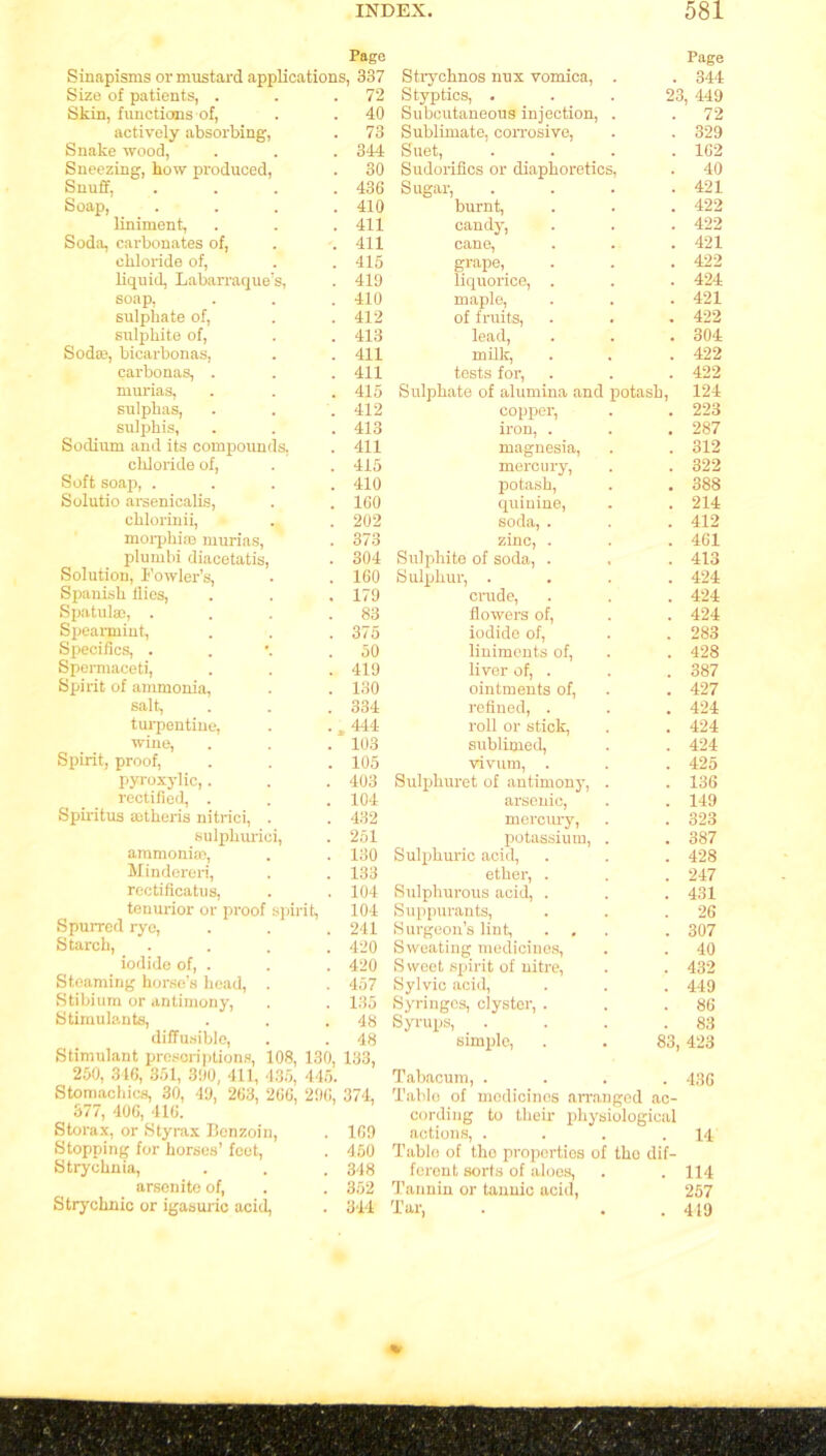 Page Sinapisms or mustard applications, 337 Size of patients, . . .72 Skin, functions of, . . 40 actively absorbing, . 73 Snake wood, . . . 344 Sneezing, how produced, . 30 Snuff, . . . .436 Soap, .... 410 liniment, . . .411 Soda, carbonates of, . . 411 chloride of, . . 415 liquid, Labarraque’s, . 419 soap, . . .410 sulphate of, . . 412 sulphite of, . . 413 Sodaa, bicarbonas, . . 411 carbonas, . . . 411 murias, . . .415 sulphas, . . . 412 sulphis, . . . 413 Sodium and its compounds, . 411 chloride of, . . 415 Soft soap, .... 410 Solutio arsenicalis, . . 160 chlorinii, . . 202 morphias murias, . 373 plumbi diacetatis, . 304 Solution, Fowler’s, . . 160 Spanish flies, . . . 179 Spatulas, . . . .83 Spearmint, . . . 375 Specifics, . . *. .50 Spermaceti, . . . 419 Spirit of ammonia, . . 130 salt, . . . 334 turpentine, . . „ 444 wine, . . . 103 Spirit, proof, . . .105 pyroxylic,. . .403 rectified, . . . 104 Spiritus mtheris nitrici, . . 432 sulpliurici, . 251 ammonias, . . 130 Mindereri, . . 133 rectificatus, . . 104 tenurior or proof spirit, 104 Spurred rye, . . . 241 Starch, .... 420 iodide of, . . . 420 Steaming horse’s head, . . 457 Stibium or antimony, . . 135 Stimulants, . . .48 diffusible, . . 48 Stimulant prescriptions, 108, 130, 133, 250, 346, 351, 390, 411, 435, 445. Stornacliics, 30, 49, 263, 266, 296, 374, 377, 406, 416. Storax, or Styrax Benzoin, . 169 Stopping for horses’ feet, . 450 Strychnia, . . .348 arsenite of, . . 352 Strychnic or igasuric acid, . 344 Page Strychnos nux vomica, . . 344 Styptics, ... 23, 449 Subcutaneous injection, . . 72 Sublimate, corrosive, . . 329 Suet, . . . .162 Sudorifics or diaphoretics, . 40 Sugar, . . . .421 burnt, . . . 422 candy, . . . 422 cane, . . . 421 grape, . . .422 liquorice, . . . 424 maple, . . . 421 of fruits, . . • 422 lead, . . . 304 milk, . . .422 tests for, . . . 422 Sulphate of alumina and potash, 124 copper, . . 223 iron, . . . 287 magnesia, . . 312 mercury, . . 322 potash, . . 388 quinine, . . 214 soda, . . . 412 zinc, . . . 461 Sulphite of soda, . . . 413 Sulphur, .... 424 crude, . . . 424 flowers of, . . 424 iodide of, . . 283 liniments of, . . 428 liver of, . . . 387 ointments of, . . 427 refined, . . . 424 roll or stick, . . 424 sublimed, . . 424 vivum, . . . 425 Sulphuret of antimony, . . 136 arsenic, . . 149 mercury, . . 323 potassium, . . 387 Sulphuric acid, . . . 428 ether, . . . 247 Sulphurous acid, . . . 431 Suppurants, . . .26 Surgeon’s lint, ... . 307 Sweating medicines, . . 40 Sweet spirit of nitre, . . 432 Sylvie acid, . . . 449 Syringes, clyster, . . .86 Syrups, . . . .83 simple, . . 83,423 Tabacum, . . . .436 Table of medicines arranged ac- cording to their physiological actions, . . . .14 Table of tho properties of the dif- ferent sorts of aloes, . . 114 Tannin or tannic acid, 257 Tar, . . . 419