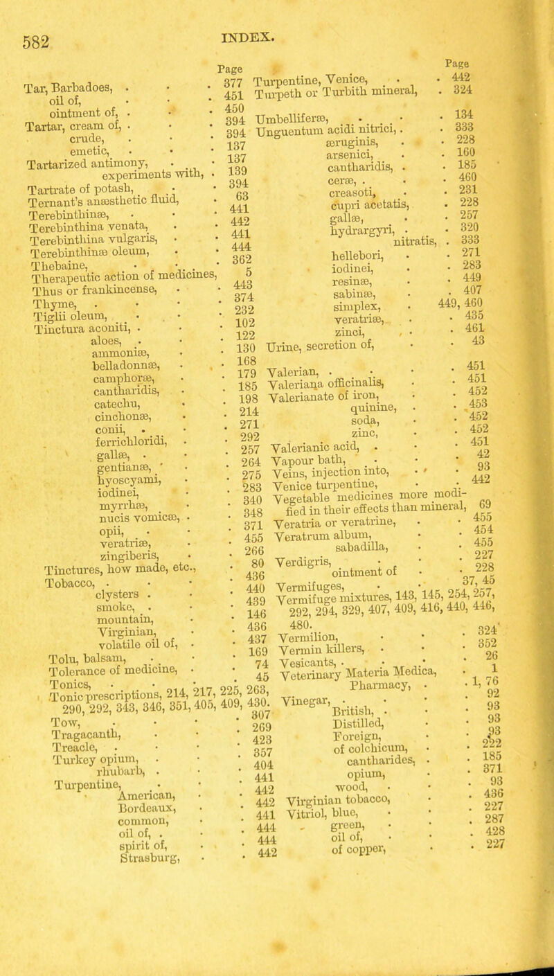 Tar, Barbadoes, oil of, ointment of, Tartar, cream of, crude, emetic, . * Tartarized antimony, . • experiments with, . Tartrate of potash, _ • Ternant’s anaesthetic fluid, * Terebintliinse, Terebinthina venata, Terebinthina vulgaris, • Terebinthinaa oleum, Thebaine, • • Therapeutic action of medicines, Thus or frankincense, Thyme, Tiglii oleum, • Tinctura aconiti, . aloes, ammonias, belladonnas, camphorae, cantharidis, catechu, cinchonse, conii, ferrichloridi, ' gallee, . gentianae, ' hyoscyami, iodinei, myrrhse, nucis vomicae, opii, veratrise, zingiberis, Tinctures, how made, et Tobacco, . clysters . smoke, . mountain, Virginian, volatile oil of, Tolu, balsam, Tolerance of medicine, Tonic prescriptions, 214, 217, 225, 26o, 290, 292, 343, 346, 351, 405, 409, 430. Page 377 451 450 394 394 137 137 139 . 394 . 63 . 441 . 442 . 441 . 444 362 5 443 374 232 102 122 130 168 179 185 198 214 271 292 257 264 275 283 340 348 371 455 , 266 . 80 . 436 . 440 . 439 . 146 . 436 . 437 . 169 74 45 Page Turpentine, Venice, . • 442 Turpeth or Turbith mineral, . 324 Umbelliferee, . _ _ • Unguentum acidi nitnci,. Eeruginis, arsenici, cantharidis, cerae, . creasoti, cupri acetatis gall®, kydrargyri, nitratis, hellebori, iodinei, regime, sabinse, simplex, veratrise, zinci, Urine, secretion of, 134 333 228 160 185 460 231 228 257 320 333 271 . 283 . 449 . 407 449, 460 . 435 . 461 . 43 451 451 452 .453 452 452 451 42 93 442 Tow, Tragacanth, Treacle, Turkey opium, . rhubarb, . Turpentine, American, Bordeaux, common, oil of, . spirit of, Strasburg, Valerian, . Valeriana officinalis, Valerianate of iron, quinine, soda, zinc, Valerianic acid, . Vapour bath, Veins, injection into, Venice turpentine, • - Vegetable medicines more modi- fied in their effects than mineral, Veratria or veratrine, Veratruin album, sabadilla, Verdigris, • ointment ot Vermifuges, _ • • rV Vermifuge mixtures, 143, 145, 254, 25/, V 292, 294, 329, 407, 409, 416, 440, 446, 480. Vermilion, Vermin killers, Vesicants, • Veterinary Materia Mechca, Pharmacy, Vinegar, . • 307 British, . oca Distilled, 423 Foreign, 357 of colchicum, 404 cantkarides, 441 opium, 442 wood, 442 Virginian tobacco, 441 Vitriol, blue, 444 - green, 444 oil of, 442 of copper, 69 455 454 455 227 228 37, 45 324 352 26 1 1, 76 92 93 93 £3 222 185 371 93 . 436 . 227 . 287 . 428 . 227