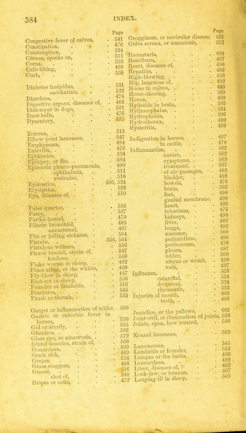 Congestive fever of calves, Constipation, Consumption, Cornea, specks on, Corns, Crib-biting, Curb, ' . Diabetes insipidus, saccharine, Diarrhoea, Digestive organs, diseases of, Distemper in dogs, Dust-balls, Dysentery, Eczema, Elbow-joint lameness, Emphysema, Enteritis, . ; Epidemics, 'Epilepsy, or fits, . Epizootic pleuro-pneumoma, ophthalmia, vesicular, Epizootics, Erysipelas, Eye, diseases of, . Ealse quarter, Earcy, Fardel-bound, Filariaa bronchial, aneurismal, Fits or falling sickness, . Fistula;, . Fistulous withers, _ • Flexor bracliii, strain of, tendons, Fluke worms in sheep, _ • Fluor albhs, or the whites, Fly-blow in sheep, Foot-rot in-sheep,_ _ Founder or l'aminitis, Fractures, ■ Frush or thrush, . Page 541 476 534 511 553 468 559 . 531 532 474 , 466 521 . 476 • 535 513 . 547 . 494 # 476 . 524 504 490 511 518 490. , 524 528 • 510 556 . 537 . 470 # 485 497 . 504 556 , 564 . 556 547 550 # 482 . 499 447 556 . 516 . 545 555 Grogginess, or navicular disease, Gutta serena, or amaurosis, Hsematuria, Heartburn, Heart, diseases of, Hepatitis, . High-blowing, . Hip, lameness of, Hoose in calves, Horse-shoeing, Hoven, Hydatids in brain Hydrocephalus-, Hydrophobia, Hydrothorax, Hysteritis, Indigestion in horses, in cattle, Inflammation, nature, symptoms, treatment, of air-passages, bladder, bowels, brain, feet, genital membrane, heart, intestines, kidneys, liver, lungs, mammae, pericardium, peritoneum, pleura, udder, uterus or womb, vein, Influenza, • . • catarrHal, dropsical, rheumatic, Injuries of mouth, teeth, . Page 551 512 499 467 496 482 493 492 485 560 469 505 534 506 . 489 , 499 . 467 . 470 . 562 . 562 . 563 . 567 . 483 . 498 . 476 . 503 . 498 498 496 476 498 482 486 500 496 478 487 500 499 497 523 524 524 524 466 466 Garget or inflammation of udder, Gastric or enteritic fever in horses, Gid or sturdy, Glanders, . •Glass eye, or amaurosis, Glutei muscles, strain of, Gonorrhoea, Grain sick, Grapes, Grass staggers, . Grease, shot of, Gripes or colic, 500 '530 505 536 512 558 500 469 616 468 •516 540 472 Jaundice, or tho yellows, Joint-evil, or rheumatism Joints, open, how treated, . 482 of joints, 539 . 548 Kennel lameness, 539 Lamenesses, Lamiuitis or founder, Lampas or tho barbs, Leucorrhcea, Liver, diseases of, Lock-jaw, or tetanus, Louping-ill in sheep, 545 516 466 499 482 507 503