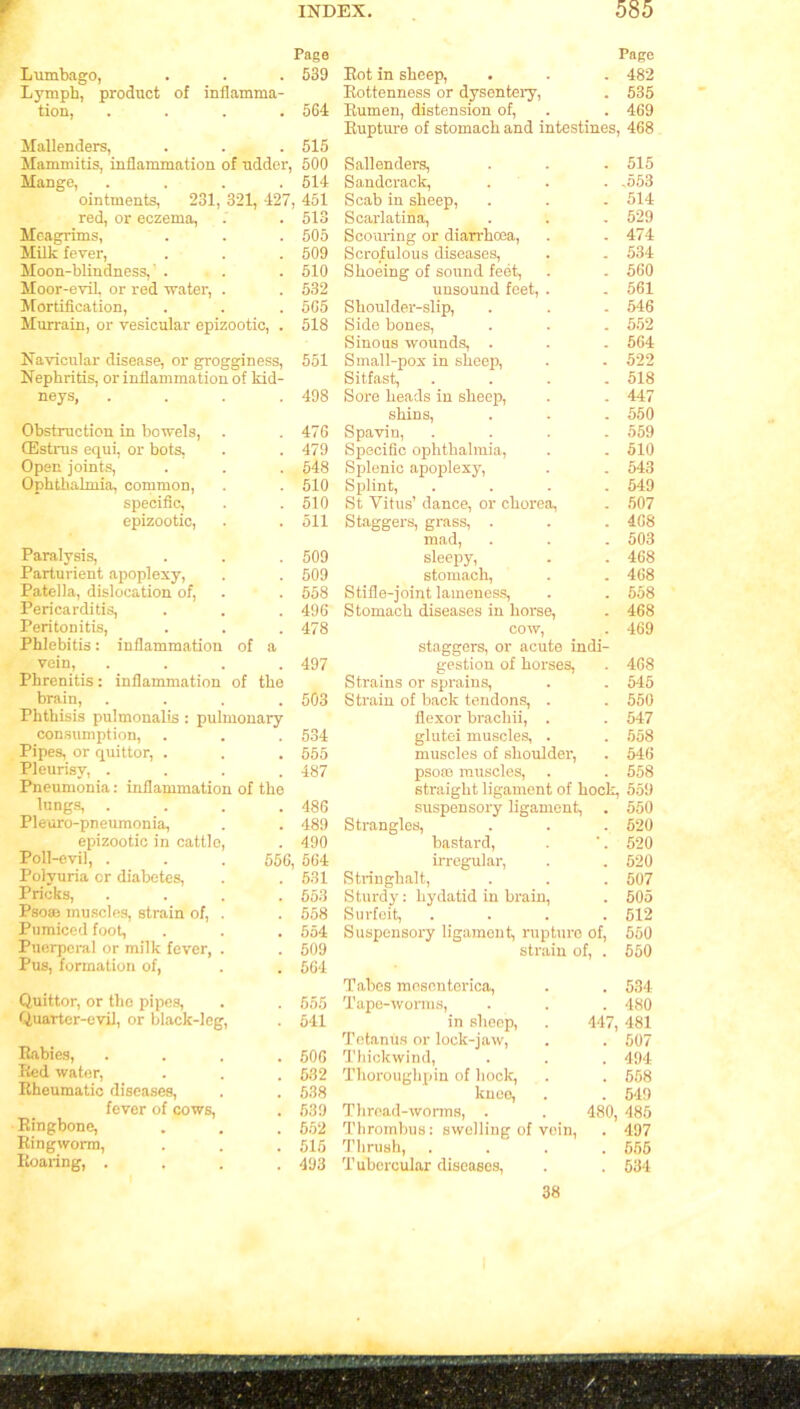 Page Lumbago, . . . 539 Lymph, product of inflamma- tion, .... 564 Mallenders, . . . 515 Mammitis, inflammation of udder, 500 Mange, .... 514 ointments, 231, 321, 427, 451 red, or eczema, . . 513 Mc-agrims, . . . 505 Milk fever, . . . 509 Moon-blindness,’ . . . 510 Moor-evil or red water, . . 532 Mortification, . . . 565 Murrain, or vesicular epizootic, . 518 Navicular disease, or grogginess, 551 Nephritis, or inflammation of kid- neys, .... 498 Obstruction in bowels, (Estrus equi, or hots, Open joints, Ophthalmia, common, specific, epizootic, 476 479 548 510 510 511 Paralysis, Parturient apoplexy, Patella, dislocation of, Pericarditis, Peritonitis, Phlebitis: inflammation of a 509 509 558 496 478 vein, . . . .497 Phrenitis: inflammation of tho brain, .... 503 Phthisis pulmonalis : pulmonary consumption, . . . 534 Pipes, or quittor, . . . 555 Pleurisy, .... 487 Pneumonia: inflammation of the lungs, . . . .486 Pleuro-pneumonia, . . 489 epizootic in cattle, . 490 Poll-evil, . . . 556, 564 Polyuria cr diabetes, . . 531 Pricks, .... 553 Pso® muscles, strain of, . . 558 Pumiced foot, . . . 554 Puerperal or milk fever, . . 509 Pus, formation of, . . 564 Quittor, or tho pipes, . . 555 Quarter-evil, or black-leg, . 541 Rabies, . . . .506 Red water, . . . 532 Rheumatic diseases, . . 538 fever of cows, . 539 Ringbone, . . . 552 Ringworm, . . . 515 Roaring, .... 493 Page Rot in sheep, . . . 482 Rottenness or dysentery, . 535 Rumen, distension of, . . 469 Rupture of stomach and intestines, 468 Sallenders, . . . 515 Sandcrack, . . >553 Scab in sheep, . . . 514 Scarlatina, . . . 529 Scouring or diarrhoea, . . 474 Scrofulous diseases, . . 534 Shoeing of sound feet, . . 560 unsound feet, . . 561 Shoulder-slip, . . . 546 Side bones, . . . 552 Sinous wounds, . . . 564 Small-pox in sheep, . . 522 Sitfast, .... 518 Sore heads in sheep, . . 447 shins, . . . 550 Spavin, .... 559 Specific ophthalmia, . .510 Splenic apoplexy, . . 543 Splint, .... 549 St Yitus’ dance, or chorea, . 507 Staggers, grass, . . . 408 mad, . . . 503 sleepy, . . 468 stomach, . . 468 Stifle-joint lameness, . . 558 Stomach diseases in horse, . 468 cow, . 469 staggers, or acute indi- gestion of horses, . 468 Strains or sprains, . . 545 Strain of back tendons, . . 550 flexor brachii, . . 547 glutei muscles, . . 558 muscles of shoulder, . 546 pso® muscles, . . 558 straight ligament of hock, 559 suspensory ligament, . 550 Strangles, . . . 520 bastard, . ’. 520 irregular, . .520 Stringhalt, . . . 507 Sturdy: hydatid in brain, . 505 Surfeit, .... 612 Suspensory ligament, rupture of, 550 strain of, . 550 Tabes mescnterica, . . 534 Tape-worms, . . . 480 in sheep, . 447, 481 Tetanus or lock-jaw, . . 507 Thickwind, . . . 494 Thoroughpin of hock, . . 558 kneo, . . 549 Thread-worms, . . 480, 485 Thrombus: swelling of vein, . 497 Thrush, .... 655 Tubercular diseases, . . 534 38