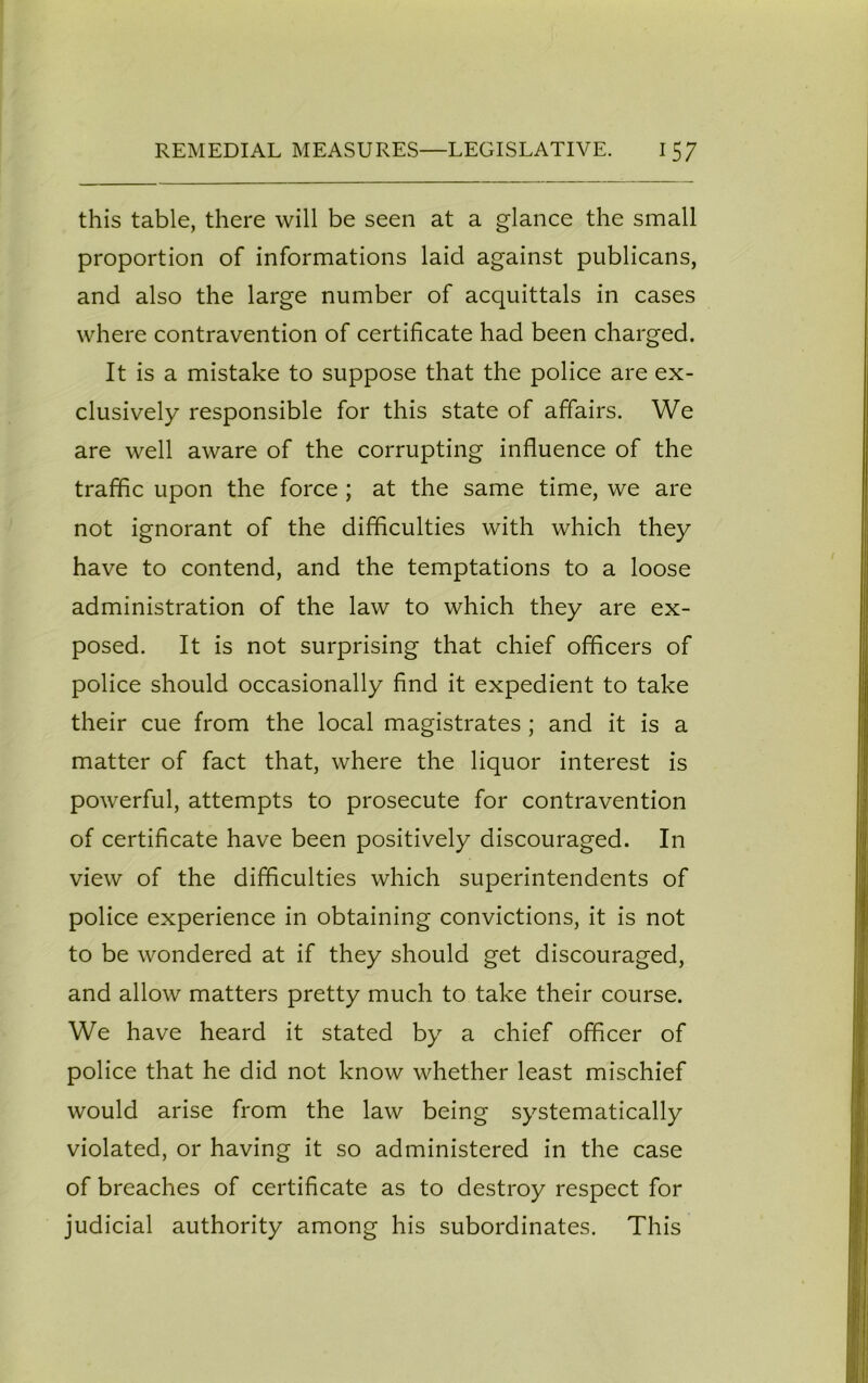 this table, there will be seen at a glance the small proportion of informations laid against publicans, and also the large number of acquittals in cases where contravention of certificate had been charged. It is a mistake to suppose that the police are ex- clusively responsible for this state of affairs. We are well aware of the corrupting influence of the traffic upon the force ; at the same time, we are not ignorant of the difficulties with which they have to contend, and the temptations to a loose administration of the law to which they are ex- posed. It is not surprising that chief officers of police should occasionally find it expedient to take their cue from the local magistrates ; and it is a matter of fact that, where the liquor interest is powerful, attempts to prosecute for contravention of certificate have been positively discouraged. In view of the difficulties which superintendents of police experience in obtaining convictions, it is not to be wondered at if they should get discouraged, and allow matters pretty much to take their course. We have heard it stated by a chief officer of police that he did not know whether least mischief would arise from the law being systematically violated, or having it so administered in the case of breaches of certificate as to destroy respect for judicial authority among his subordinates. This