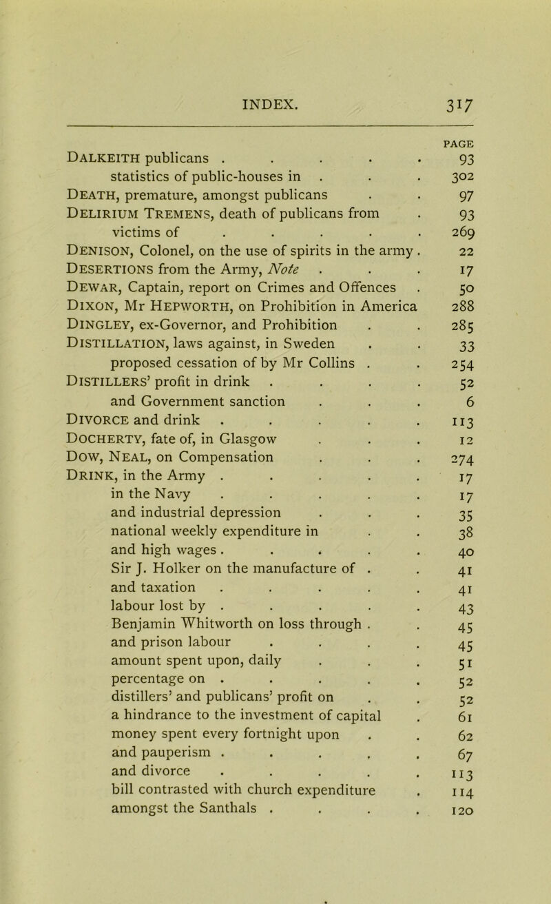 PAGE Dalkeith publicans 93 statistics of public-houses in . . 302 Death, premature, amongst publicans . . 97 Delirium Tremens, death of publicans from . 93 victims of .... 269 Denison, Colonel, on the use of spirits in the army . 22 Desertions from the Army, Note . . . 17 Dewar, Captain, report on Crimes and Offences . 50 Dixon, Mr Hepworth, on Prohibition in America 288 Dingley, ex-Governor, and Prohibition . . 285 Distillation, laws against, in Sweden . . 33 proposed cessation of by Mr Collins . . 254 Distillers’ profit in drink .... 52 and Government sanction ... 6 Divorce and drink . . . . .113 Docherty, fate of, in Glasgow . . . 12 Dow, Neal, on Compensation . . . 274 Drink, in the Army . . . . .17 in the Navy . . . . .17 and industrial depression 35 national weekly expenditure in 38 and high wages. . . .40 Sir J. Holker on the manufacture of . . 41 and taxation ..... 41 labour lost by . . . . .43 Benjamin Whitworth on loss through . . 45 and prison labour • ... 45 amount spent upon, daily . . . 51 percentage on . . . . .52 distillers’ and publicans’ profit on .52 a hindrance to the investment of capital . 61 money spent every fortnight upon . . 62 and pauperism ..... 67 and divorce . . . . .113 bill contrasted with church expenditure . 114 amongst the Santhals . . . .120