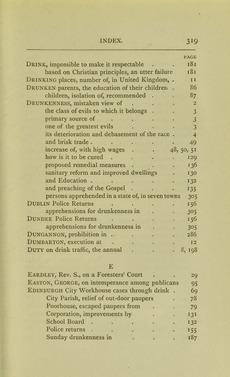 PAGE Drink, impossible to make it respectable . . 181 based on Christian principles, an utter failure 181 Drinking places, number of, in United Kingdom, . n Drunken parents, the education of their children . 86 children, isolation of, recommended . . 87 Drunkenness, mistaken view of the class of evils to which it belongs . primary source of .... 3 one of the greatest evils 3 its deterioration and debasement of the race . 4 and brisk trade . . . .49 increase of, with high wages . . 48, 50, 51 how is it to be cured . . . .129 proposed remedial measures . . .136 sanitary reform and improved dwellings . 130 and Education . . . . .132 and preaching of the Gospel . . 135 persons apprehended in a state of, in seven towns 305 Dublin Police Returns . . . .156 apprehensions for drunkenness in . . 305 Dundee Police Returns . . . .156 apprehensions for drunkenness in . . 305 Dungannon, prohibition in .. . . . 286 Dumbarton, execution at . . . 12 Duty on drink traffic, the annual . . . 8, 198 E Eardley, Rev. S., on a Foresters’ Court . . 29 Easton, George, on intemperance among publicans 95 Edinburgh City Workhouse cases through drink . 69 City Parish, relief of out-door paupers . 78 Poorhouse, escaped paupers from . . 79 Corporation, improvements by . . 131 School Board . . . . .132 Police returns . . . . 155 Sunday drunkenness in 187