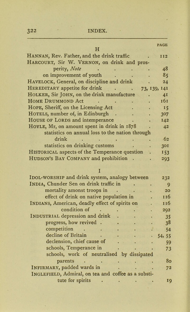 PAGE H Hannan, Rev. Father, and the drink traffic . 112 Harcourt, Sir W. Vernon, on drink and pros- perity, Note .... 48 on improvement of youth . . . 85 Havelock, General, on discipline and drink . 24 Hereditary appetite for drink . . 73, 139, 141 Holker, Sir John, on the drink manufacture . 41 Home Drummond Act . . . .161 Hope, Sheriff, on the Licensing Act . . 15 Hotels, number of, in Edinburgh . . . 307 House of Lords and intemperance . . 142 Hoyle, Mr, on amount spent in drink in 1878 . 42 statistics on annual loss to the nation through drink ..... 62 statistics on drinking customs . . 301 Historical aspects of the Temperance question . 153 Hudson’s Bay Company and prohibition . . 293 I Idol-worship and drink system, analogy between 232 INDIA, Chunder Sen on drink traffic in . . 9 mortality amonst troops in . .20 effect of drink on native population in . 116 Indians, American, deadly effect of spirits on . 116 condition of . . . 292 Industrial depression and drink . . . 35 progress, how revived .... 38 competition ..... 54 decline of Britain . . . -54)55 declension, chief cause of . -59 schools, Temperance in . . *73 schools, work of neutralised by dissipated parents ..... 80 Infirmary, padded wards in ... 72 Inglefield, Admiral, on tea and coffee as a substi- tute for spirits . . . .19