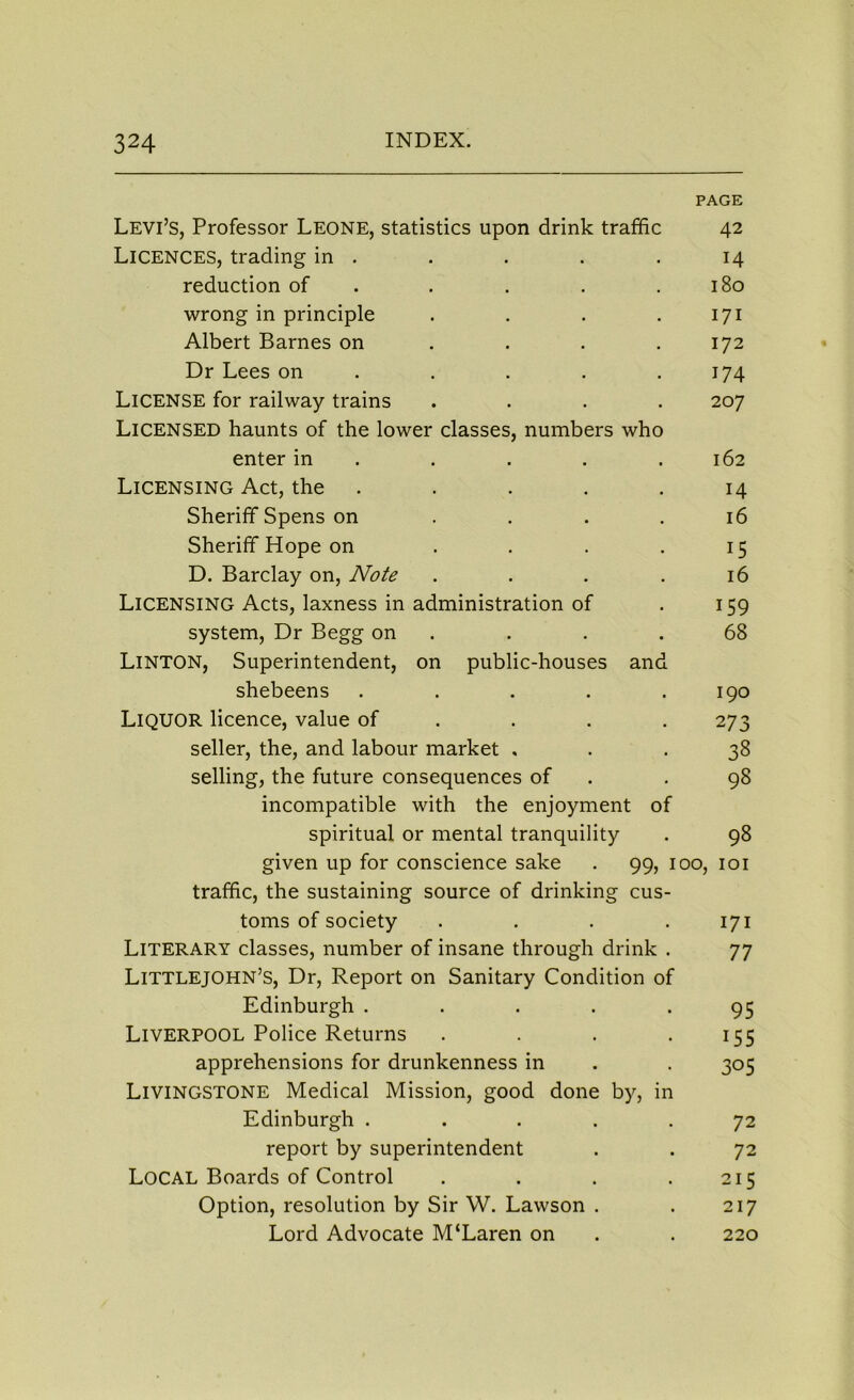 PAGE Levi’S, Professor Leone, statistics upon drink traffic 42 Licences, trading in . . . . .14 reduction of . . . .180 wrong in principle . . . . 171 Albert Barnes on . . . .172 Dr Lees on . . . .174 LICENSE for railway trains .... 207 Licensed haunts of the lower classes, numbers who enter in . . . .162 Licensing Act, the . . . .14 Sheriff Spens on . . . .16 Sheriff Hope on . . . .15 D. Barclay on, Note . . . .16 LICENSING Acts, laxness in administration of . 159 system, Dr Begg on . . .68 Linton, Superintendent, on public-houses and shebeens . . . . .190 Liquor licence, value of ... 273 seller, the, and labour market ... 38 selling, the future consequences of .98 incompatible with the enjoyment of spiritual or mental tranquility . 98 given up for conscience sake . 99, 100, 101 traffic, the sustaining source of drinking cus- toms of society .... 171 Literary classes, number of insane through drink . 77 Littlejohn’S, Dr, Report on Sanitary Condition of Edinburgh ..... 95 Liverpool Police Returns . . . . 155 apprehensions for drunkenness in . . 305 Livingstone Medical Mission, good done by, in Edinburgh ..... 72 report by superintendent . . 72 LOCAL Boards of Control . . . .215 Option, resolution by Sir W. Lawson . . 217 Lord Advocate M‘Laren on . . 220