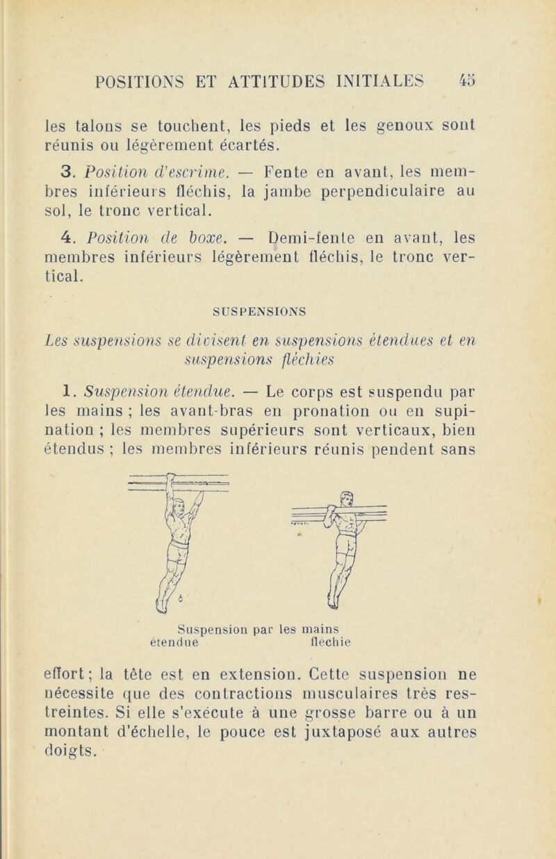 les talons se touchent, les pieds et les genoux sont réunis ou légèrement écartés. 3. Position d'escrime. — Fente en avant, les mem- bres inférieurs fléchis, la jambe perpendiculaire au sol, le tronc vertical. 4. Position de boxe. — Demi-fente en avant, les membres inférieurs légèrement fléchis, le tronc ver- tical. Les suspensions se dicisent en suspensions étendues et en suspensions fléchies 1. Suspension étendue. — Le corps est suspendu par les mains ; les avant-bras en pronation ou en supi- nation ; les membres supérieurs sont verticaux, bien étendus; les membres inférieurs réunis pendent sans effort; la tête est en extension. Cette suspension ne nécessite que des contractions musculaires très res- treintes. Si elle s’exécute à une grosse barre ou à un montant d’échelle, le pouce est juxtaposé aux autres doigts. SUSPENSIONS Suspension par les mains étendue fléchie