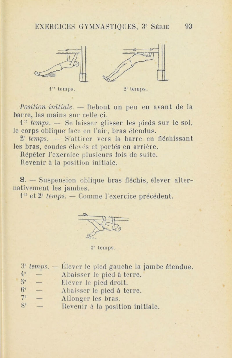 Position initiale. — Debout un peu en avant de la barre, les mains sur celle ci. 1er temps. — Se laisser glisser les pieds sur le sol, le corps oblique face en l’air, bras étendus. 2e temps. — S’attirer vers la barre en fléchissant les bras, coudes élevés et portés en arrière. Répéter l’exercice plusieurs fois de suite. Revenir à la position initiale. 8. — Suspension oblique bras fléchis, élever alter- nativement les jambes. 1er et 2e temps. — Comme l’exercice précédent. 1” temps. 2’ temps. 3” temps. 3P temps 4e — 5e - 6e - 7' - 8e - Élever le pied gauche la jambe étendue. Abaisser le pied à terre. Elever le pied droit. Abaisser le pied à terre. Allonger les bras. Revenir à la position initiale.