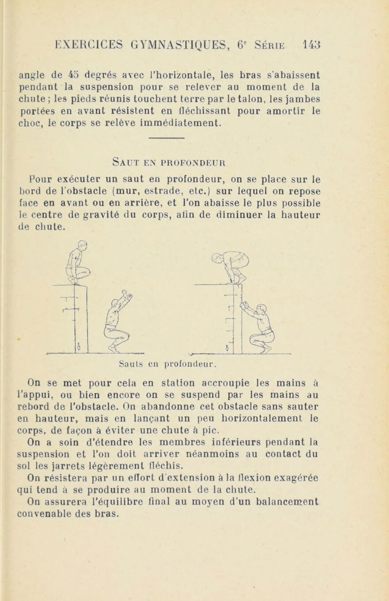 angle de 45 degrés avec l’horizontale, les bras s’abaissent pendant la suspension pour se relever au moment de la chute ; les pieds réunis touchent terre par le talon, les jambes portées en avant résistent en fléchissant pour amortir le choc, le corps se relève immédiatement. Saut en profondeur Pour exécuter un saut en profondeur, on se place sur le bord de l'obstacle (mur, estrade, etc.) sur lequel on repose face en avant ou en arrière, et l’on abaisse le plus possible le centre de gravité du corps, alin de diminuer la hauteur de chute. Sauts en profondeur. On se met pour cela en station accroupie les mains à l’appui, ou bien encore on se suspend par les mains au rebord de l’obstacle. On abandonne cet obstacle sans sauter en hauteur, mais en lançant un peu horizontalement le corps, de façon à éviter une chute à pic. On a soin d’étendre les membres inférieurs pendant la suspension et l’on doit arriver néanmoins au contact du sol les jarrets légèrement fléchis. On résistera par un elTort d extension à la flexion exagérée qui tend à se produire au moment de la cliute. On assurera l’équilibre final au moyen d’un balancement convenable des bras.