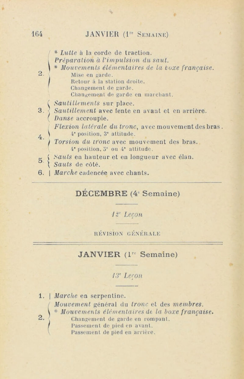* Lutte h la corde de traction. . Préparation à l’impulsion du saut. \ * Mouvements élémentaires de la taxe française. 2- Mise en sarcle. I Retour à la station droite. Changement de garde. Changement de garde en marchant. l Sautillements sur place. 3. Sautillement avec fente en avant et en arrière. ‘ Danse accroupie. Flexion latérale du tronc, avec mouvement des bras. ^ \ 4* position, 3“ attitude. I Torsion du ironc avec mouvement des bras. 4* position, 3° ou 4* attitude. p- C Sauts en hauteur et en longueur avec élan. \ Sauts de côté. 6. | Marche cadencée avec chants. DÉCEMBRE (4e Semaine) '/i1' Leçon RÉVISION GÉNÉRALE JANVIER (lrc Semaine) LT Leçon 1. I Marche en serpentine. Mouvement général du tronc et des membres. * Mouvements élémentaires de la boxe française. Changement de garde en rompant. Passement de pied en avant. Passement de pied en arrière.
