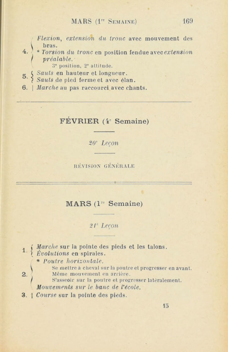 4. 1 I s\ Flexion, extension du tronc avec mouvement des bras. * Torsion du tronc en position fendue avec extension préalable. • 3* position, 2° attitude. Sauts en hauteur et longueur. Sauts de pied ferme et avec élan. Marche au pas raccourci avec chants. FÉVRIER (£' Semaine) 20 Leçon RÉVISION GÉNÉRALE MARS (lrc Semaine) 21 Leçon ^ » Marche sur la pointe des pieds et les talons. ' ) Évolutions en spirales. * Poutre horizontale. V Se mettre a cheval sur la poutre et progresser en avant. 2. Même mouvement en arrière. / S’asseoir sur la poutre et progresser latéralement. Mouvements sur le banc de l’école. 3. | Course sur la pointe des pieds. 15