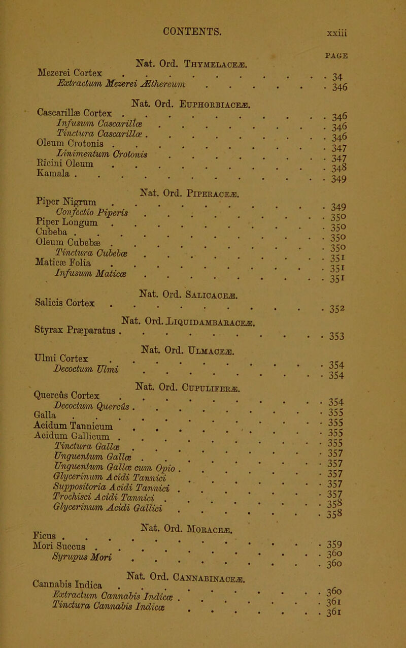 Nat. Ord. Thymelace®. Mezerei Cortex Extractum Mezerei AEthereum Nat. Cascarillae Cortex . Infusum Cascarillce Tindura Cascarillce . Oleum Crotonis . Linimentum Crotonis Eicini Oleum Kamala . Ord. Euphorbiace®. Piper Nigrum Confedio Piperis Piper Longum Cubeba . Oleum Cubebae . Tindura Cubebae Statical Folia Infusum Maticoe Nat Salicis Cortex Styrax Praeparatus . Ulmi Cortex Decodum Ulmi Nat Ord. Piperace®. Ord Salicace®. Nat. Ord. XlQUIDAMBARACE®. Nat. Ord. Ulmace®. _ . „ Nat. Ord. CtrpuEiFER®. Quereus Cortex .... Decodum Quereus. Galla Acidum Taunicum . . Acidum Gallicum . Tindura Oallce Unguentum Galla: . Unguentvm Galla cwn Opio Glycerinum Acicli Tannioi Suppositoria Acidi Tannici Trochisd Acidi Tannici . Glycerinum Acidi Gallici Nat. Ore SIorace®, Ficus . Stori Succus . Syrupus Mori n , • T .. Nat. Ord. Cannabinace®. Cannabis Indica .... Extractum Cannabis Indices . Tindura Cannabis Indica XXlll PAGE • 34 • 346 346 346 346 347 347 348 349 349 350 350 35° 350 351 35i 35i 352 353 354 354 354 355 355 355 355 357 357 357 357 357 358 358 359 360 360 360 361 361