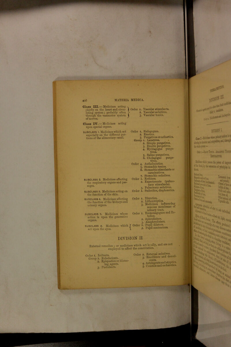 Class III.— Medicines acting cliiefly on the heart and cimi- | Order I. Vascular stimulants, lating system ; probably often > 2. Vascular sedatives, through the vasomotor system J 3. Vascular tonics, of nerves. Class IV. — Medicines acting upon special organs. subclass 1. Medicines which act especially on the different por- tions of the alimentary canal. subclass 2. Medicines affecting the respiratory organs and pas- sages. subclass 3. Medicines acting on the function of the skin. SUBCLASS 4. Medicines affecting the function of the kidneys and urinary organs. SUBCLASS 5. Medicines whose action is upon the generative organs. SUBCLASS 6. Medicines which _ act upon the eyes. Order 1. Sialagogues. 2. Emetics. 3. Purgatives or cathartics. Group 1. Laxatives. < 2. Simple purgatives. 3. Drastic purgatives. 4. Hydragogue purga- tives. 5. Saline purgatives. 6. Cholagoguo purga- tives. Order 4. Anthelmintics. 5. Stomachic tonics. 6. Stomachic stimulants or carminatives. 7. Stomachic sedatives. Order 1. Errhines. 2. Expectorants (pulmo- nary stimulants). 3. Pulmonary sedatives. Order 1. Sudorifics, diaphoretics. Order 1. Diuretics. 2. Lithontriptics. 3. Medicines influencing mucous membrane of urinary tract. Order 1. Emmenagogues and Ec- bolics. 2. Aphrodisiacs. 3. Anaphrodisiacs. Order 1. Pupil dilators. 2. Pupil contractors. DIVISION II External remedies ; or medicines which act locally, and arc not employed to affect the constitution. Order 1. Irritants. Group 1. Rubefacients. 2. Epispastics or blister- ing agents. 3. Pustulants. Order 2. External sedatives. 3. Emollients and demul- cents. 4. Astringents and styptics. 5. Caustics and escharotios.