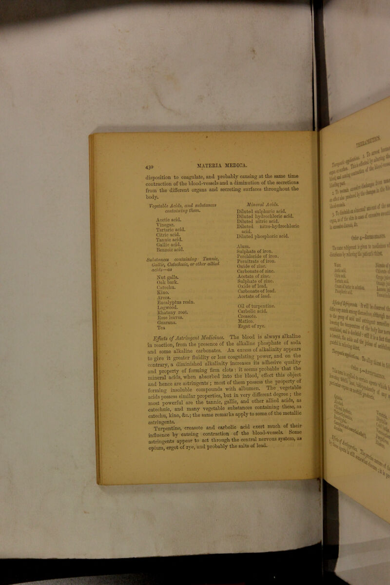 H 430 MATERIA MEDICA. disposition to coagulate, and probably causing at the same time contraction of the blood-vessels and a diminution of the secretions from the different organs and secreting surfaces throughout the body. Mineral Acids. Diluted sulphuric acid. Diluted hydrochloric acid. Diluted nitric acid. Diluted nitro-hydrochloxic acid. Diluted phosphoric acid. Alum. Sulphate of iron. Perehloride of iron. Pernitrate of iron. Oxide of zinc. Carbonate of zinc. Acetate of zinc. Sulphate of zinc. Oxide of lead. Carbonate of lead. Acetate of lead. Oil of turpentine. Carbolic acid. Creasote. Matico. Ergot of rye. Effects of Astringent Medicines. The blood is always alkaline in reaction, from the presence of the alkaline phosphate of soda and some alkaline carbonates. An excess of alkalinity appears to give it greater fluidity or less coagulating power, and on the contrary, a diminished alkalinity increases its adhesive quality and property of forming firm clots : it seems probable that the mineral acids, when absorbed into the blood, effect this object and hence are astringents ; most of them possess the property of forming insoluble compounds with albumen. The . vegetable acids possess similar properties, but in very different degree ; the most powerful are the tannic, gallic, and other allied acids, as catechuic, and many vegetable substances containing these, as catechu, kino, &c.; the same remarks apply to some of the metallic astringents. _ , , . Turpentine, creasote and carbolic acid exert much ot their influence by causing contraction of the blood-vessels. Some astringents appear to act through the central nervous system, a3 opium, ergot of rye, and probably the salts of lead. Vegetable Acids, and substances containing them. Acetic acid. Vinegar. Tartaric acid. Citric acid. Tannic acid. Gallic acid. Benzoic acid. Substances containing ■ Tannic, Gallic, Catechuic, or other allied acids—as Nut galls. Oak bark. Catechu. Kino. Areca. Eucalyptus resin. Logwood. Khatany root. Rose leaves. Guarana. Tea