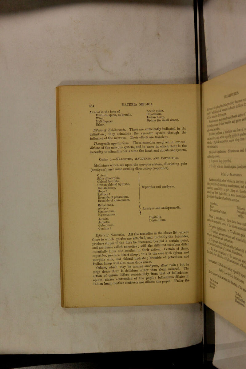 434 Alcohol in the form of Acetic ether. Distilled spirit, as brandy. Chloroform. •yyine Indian hemp. Malt liquors. Opium (in small doses). Ether. Effects of Exhilarcmts. These are sufficiently indicated in the definition; they stimulate the vascular system through the influence of the nervous. Their effects are transient. Therapeutic applications. These remedies are given in low con- ditions of the nervous system, and in cases in which there is the necessity to stimulate for a time the heart and circulating system. Order 2.—Narcotics, Anodynes, and Soporifics. Medicines which act upon the nervous system, alleviating pain (anodynes), and some causing direct sleep (soporifics). Opium. Salts of morphia. Chloral hydrate. Croton-chloral hydrate. Indian hemp. Hops ? Lettuce ? Bromide of potassium. Bromide of ammonium. Belladonna. Atropia. _ Stramonium. Hyoscyamus. Aconite. Aconitia. Gelsemium. Conium ? . r -\t 1 • All thp remedies in the above list, except are attached. a»d probably the bromides, produce stupor if the dose be diffei and are hence called narcotics , still n essentially from one another in their action. Certain of them, sowiificsfproduce direct sleep ; this is the case with^ opium and morphia salts, and chloral hydrate ; bromide of potassium and Indian hemp will also cause drowsiness. _ . Others, which may be termed anodynes, allay pain , but gSE « St’ £ pur* V— the / Soporifics and anodynes. Anodyne and antispasmodic. Digitalis. Digitalinum.