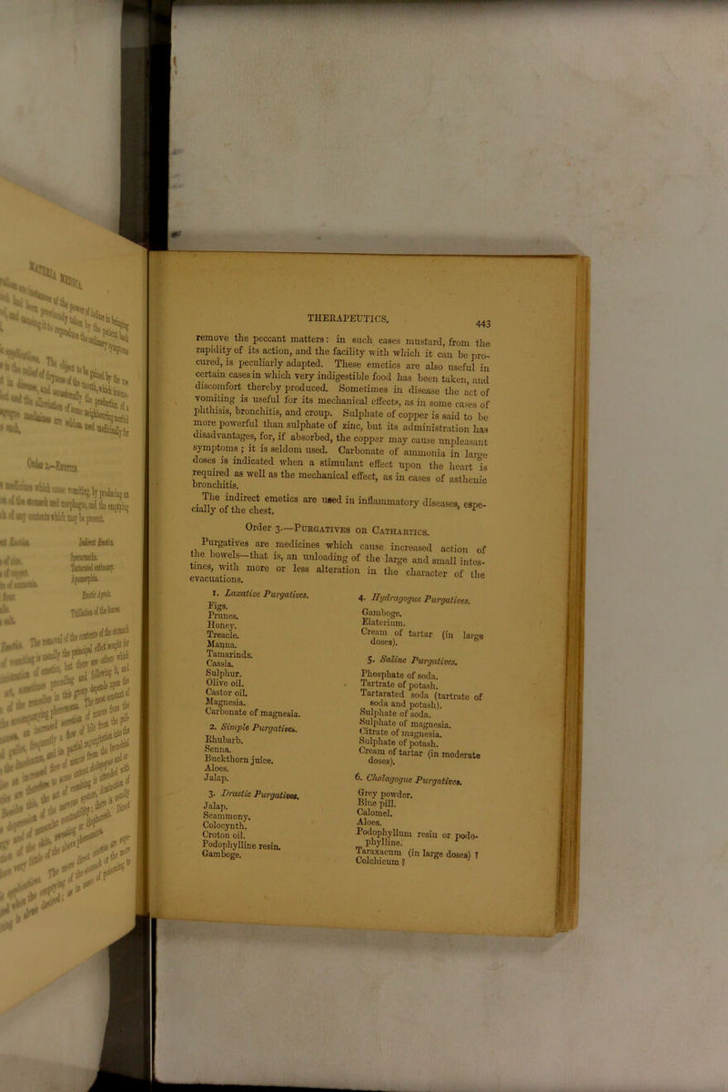 ***<!,< t ^ittor P°»ef0, ieor : ;.;r-i “****•7™' “‘wieines ai» **4 use ltmallyfot -•-Emoics. • wlwnei which cause •S ■ t ■a 4 m ami the emptying !nt, st U', ia. i of cine. I if i'0|ipff. ti> of iaunooii floor tik i olt Mira! Mia Ipec-iciunha. Tattarated aBtimony. Apoaotpiiia. Miidjflifc. .^^aafluUrtkptina1 it w , . there m« inj,trti:on o' f emetic^ * * from1 , the a fjc* * ii<* k. the »ct J®g ‘ till'' 1 . .tfton* * ■s*f V* THEEAPEUT1CS. it, ami tie *d*i0*i**£* <*&*?* • w-*1 remove the peccant matters: in such cases mustard, from the rapidity of its action, and the facility with which it can be pro- cured, is peculiarly adapted. These emetics are also useful in certain cases in which very indigestible food has been taken and discomfort thereby produced. Sometimes in disease the act of vomiting is useful ior its mechanical effects, as in some cases of jilithisis, bronchitis, and croup. Sulphate of copper is said to be more powerful than sulphate of zinc, but its administration has disadvantages, for, if absorbed, the copper may cause unpleasant symptoms; it is seldom used. Carbonate of ammonia in lame doses is indicated when a stimulant effect upon the heart is bronchitis^ WeU “ the medlanical effect’ as in cases of asthenic . lhQ emetics are U8ed ^ inflammatory diseases, espe- cially of the chest. * Order 3. Purgatives or Cathartics. Purgatives are medicines which cause increased action of the bowels that is, an unloading of the large and small intes- tines, with more or less alteration in the character of the evacuations. 1. Laxative Purgatives. Pigs. Prunes. Honey. Treacle. Manna. Tamarinds. Cassia. Sulphur. Olive oil. Castor oil. Magnesia. Carbonate of magnesia. 2. Siviple Purgatives. Rhubarb. Senna. Buckthorn juice. Aloes. Jalap. 4- Hydragoguc Purgatives. Gamboge. Elaterium. taidar large 5- Saline Purgatives. Phosphate of soda. Tartrate of potash. Tartarated soda (tartrate of soda and potash). Sulphate of soda. Sulphate of magnesia. Citrate of magnesia. Sulphate of potash. Cream of tartar (in moderates doses). 3. Drastic Purgatives, Jalap. Seammony. Colocynth. Croton oil. Podophylline resin. Gamboge, 6. Cholagogue Purgatives. Grey powder. Blue pill. Calomel. Aloes. Podophyllum resiu or podo- phylline. Taraxacum (in large doses) ? Colehicum ?