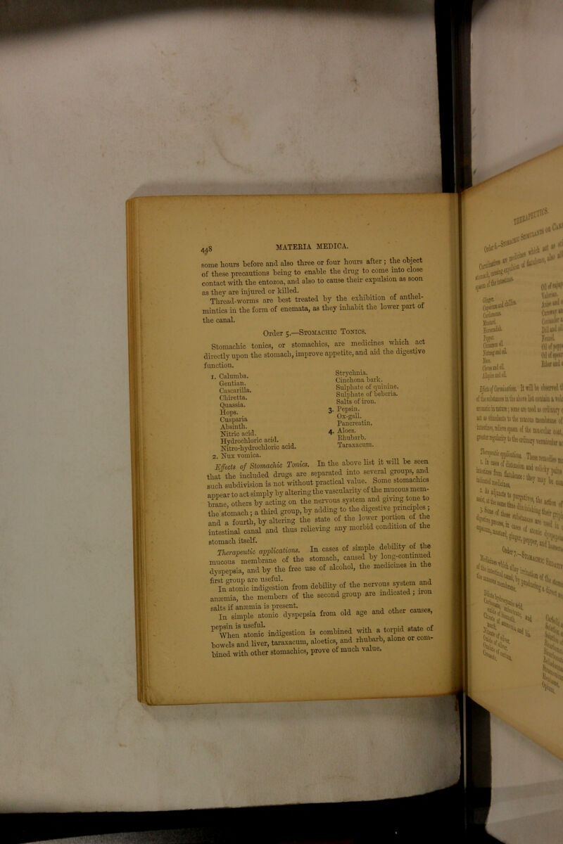 4^8 some hours before and also three or four hours after ; the object of these precautions being to enable the drug to come into close contact with the entozoa, and also to cause their expulsion as soon as they are injured or killed. Thread-worms are best treated by the exhibition of anthel- mintics in the form of enemata, as they inhabit the lower part ot the canal. Order 5.—Stomachic Tonics. Stomachic tonics, or stomachics, are medicines which act directly upon the stomach, improve appetite, and aid the digestive function. 1. Calumba. Gentian. Cascarilla. Chiretta. Quassia. Hops. Cusparia Absinth. Nitric acid.. Hydrochloric acid. Nitro-hydrocliloric acid. 2. Nux vomica. Strychnia. Cinchona bark. Sulphate of quinine. Sulphate of beberia. Salts of iron. 3. Pepsin. Ox-gall. Pancreatin. 4. Aloes. Rhubarb. Taraxacum. Effects of Stomachic Tonics. In the above list it will be seen that the included drugs are separated into several groups and such subdivision is not without practical value. Some stomachics appear to act simply by altering the vascularity of the mucous mem- brane others by acting on the nervous system and giving tone to the stomach; a third group, by adding to the digestive principles ; and a fourth, by altering the state of the lower portion of the intestinal canal and thus relieving any morbid condition of the stomach itself. _ . ,.... , ,, Therapeutic applications. In cases of simp e e J 0 mucous membrane of the stomach, cause by loug-omtaued dyspepsia, and by the free use of alcohol, tire medrcmes m the nSrS^tL from debility of the nervous system and ancemia, the members of the second group are indicated, salts if anaemia is present. ' In simple atonic dyspepsia from old age and other cau.es, PeWhen atonic indigestion is combined with a torpid state of bowels and liver, taraxacum, aloetics and rhubarb, alone or com-
