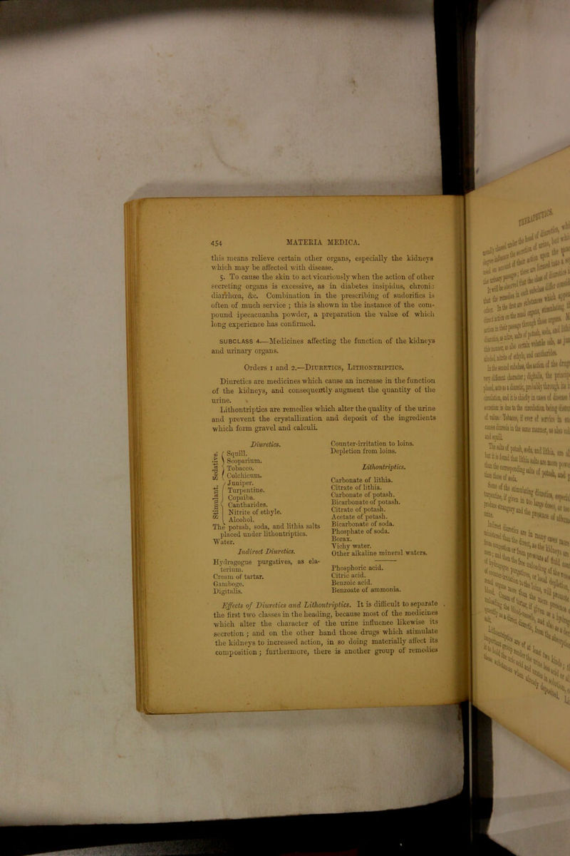 tliis means relieve certain other organs, especially the kidneys which may he affected with disease. 5. To cause the skin to act vicariously when the action of other secreting organs is excessive, as in diabetes insipidus, chronic diarrhoea, &c. Combination in the prescribing of sudoritics is often of much service ; this is shown in the instance of the com- pound ipecacuanha powder, a preparation the value of which long experience has confirmed. subclass 4.—Medicines affecting the function of the kidneys and urinary organs. Diuretics are medicines which cause an increase in the function of the kidneys, and consequently augment the quantity of the urine. s Lithontriptics are remedies which alter the quality of the urine and prevent the crystallization and deposit of the ingredients which form gravel and calculi. Effects of Diuretics and Lithontriptics. It is difficult to separate . the first two classes in the heading, because most of the mediciues which alter the character of the urine influence likewise its secretion ; and on the other hand those drugs which stimulate the kidneys to increased action, in so doing materially affect its composition; furthermore, there is another group of remedies Orders 1 and 2.—Diuretics, Lithontriptics. Diuretics. Counter-irritation to loins. Depletion from loins. Lithontriptics. S [ Turpentine. .2 I Copaiba, g ( Cantharides. •43 Nitrite of ethyle. m Alcohol. Water. The potash, soda, and lithia salts placed under lithontriptics. Indirect Diuretics. Carbonate of lithia. Citrate of lithia. Carbonate of potash. Bicarbonate of potash. Citrate of potash. Acetate of potash. Bicarbonate of soda. Phosphate of soda. Borax. Yichy water. Other alkaline mineral waters. Hydragogue purgatives, as ela- Phosphoric acid. Citric acid. Benzoic acid. Benzoate of ammonia. terium. Cream of tartar. Gamboge.
