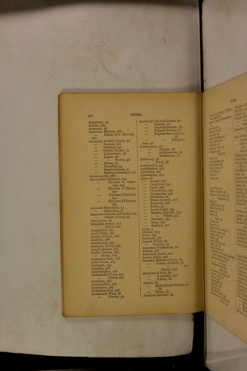 Aluminum, 54 Amidin, 389 Ammonia, 48 Ammoniac Mixture, 266 — Plaster with Mercury, 266 Ammoniee Acetatis Liquor, 52 — Benzoas, 301 — Carbonas, 49 — Citratis Liquor, 53 — Linimentum, 48 — Liquor, 48 — — Fortior, 4S — Nitras, 53 — Phosplias, 54 — Sesquicarbonas, 49 — SpiritusAromaticus, 50 Ammoniacum, 266 Ammoniated Mercury, 104 Tincture of Guaia- cum, 224 Tincture of Opium, 197 _ . . — Tincture ot. Quinine, 279 — Tincture of Valerian, 289 Ammonii Bromidum, 52 — Chloridum, 51 Ammonio-Chloride of Mercury, 104 — Citrate of Iron, 94 Ammonium, 47 Amygdala Amara, 251 — Dulcis, 251 Amygdaline, 251 Amyl Nitris, 168 Amylic Alcohol, 168 Amylum, 388 Anaesthetics, 435 Analeptic Tonics, 427 Anaphrodisiacs, 458 Anethi Fructus, 269 — Oleum, 269 Angustura Bark, 226 Anisi Oleum, 267 Anodynes, 434 Antacids, 428 AAO'l — Oleum, 294 Antidotes, 463 Antiperiodics, 437 Antiseptics, 464 Antispasmodics, 437 Antimonial Wine, 58 — Powder, 59 Antimonii Chloridi Liquor, 60 — Oxidum, 59 — 0xysulphuretum, 56 < — Potassio-Tartras, 57 — Sulphuretum Aureum, — Precipita* turn, 56 Antimonium, 56 — Nigrum, 56 —- Sulphuratum, 56 — Tartaratum, 57 Antimony, 56 — Black, 56 Antipyretics, 431 Aphrodisiacs, 415 Apocodeia, 193 Apomorphia, 193 Aqua, 29 — Anethi, 269 — Camphor®, 341 — Carui, 269 _ — Chloroformi, 163 — Cinnamomi, 340 — Distillata, 29 — Floris Aurantii, 216 — Fceniculi, 268 — Fortis, 4.X — Lauro-Cerasi, 253 — Menthae Piperitae, 335 — — Viridis, 335 — Pimento, 255 — Rosae, 249 — Sambuci, 271 Aquae, 4 Arabine, 233 Areca, 387 Areca-red, 387 Argenti Nitras, 6x — Oxidum, 62 Argentum Purificatum, Aricine, 276 Armoraciae Radix, 210 Arnicse Radix, 296 Aromatic Mixture of Iron, 82 Powder of Chalk, 76 and iiteaKBs-aBUt 3 narate®, w ^9njnEmopwu Assafxtidi, *4 rjt5m«sliisRr'13i Aurantii Cortex, 216 Ann Pnhri^ 68 Amm,6S Bine Gum Tre< - Pill, 97 Bone Black, 1 Bona, 145 Bag Turn, 219 Botany Bay! Brandy, iu iCoi Brazilian ( Bread flYlui Aloes, 377 Jridmn,. ^