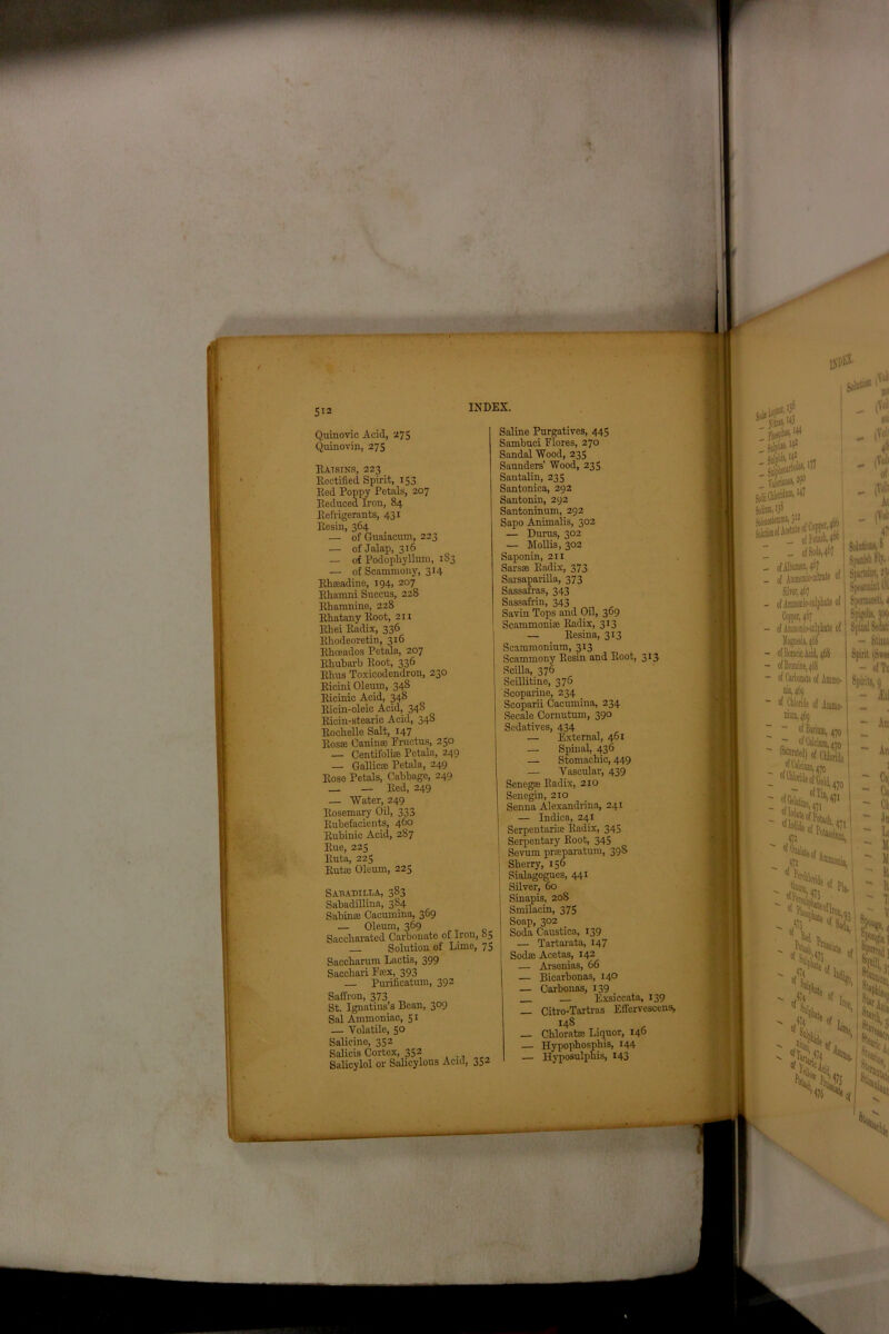 Ratsiks, 223 Rectified Spirit, 153 Red Poppy Petals, 207 Reduced Iron, 84 Refrigerants, 431 Resin, 364 — of Guaiacum, 223 — of Jalap, 316 — of Podophyllum, 183 — of Scammony, 314 Rhaadine, 194, 207 Rliamni Succus, 228 Rhamnine, 228 Rhatany Root, 211 Rhei Radix, 336 Rhodeoretin, 316 Rhceados Petala, 207 Rhubarb Root, 336 Rhus Toxicodendron, 230 Ricini Oleum, 348 Ricinic Acid, 348 Ricin-oleic Acid, 348 Rochelle Salt, 147 Ros® CaniniB Fructus, 250 — Centifoli® Petala, 249 — Gallic® Petala, 249 Rose Petals, Cabbage, 249 __ — Red, 249 — Water, 249 Rosemary Oil, 333 Rubefacients, 460 Rue, 225 Ruta, 225 Rut® Oleum, 225 Sabadilla, 383 Sabadillina, 384 Sabin® Cacumina, 369 _ Oleum, 369 Saccharated Carbonate of Iron, 05 __ Solution of Lime, 75 Saccharum Lactis, 399 Sacchari F®x, 393 — Purificatum, 392 Saffron, 373 St. Ignatius’s Bean, 309 — Volatile, 50 Salicine, 352 Salicis Cortex, 352 Salicylol or Salicylous Acid, 33- Saline Purgatives, 445 Sambuci Flores, 270 Sandal Wood, 235 Saunders' Wood, 235 Santalin, 235 Santonica, 292 Santonin, 292 Sapo Animalis, 302 — Durus, 302 — Mollis, 302 Saponin, 211 Sars® Radix, 373 Sarsaparilla, 373 Sassafras, 343 Sassafrin, 343 Savin Tops and Oil, 369 Scammoni® Radix, 313 — Resina, 313 Scammonium, 313 Scammony Resin and Root, 313 Scilla, 376 Scillitine, 376 Scoparine, 234 Scoparii Cacumina, 234 Secale Cornutum, 390 Sedatives, 434 — External, 461 — Spinal, 436 — Stomachic, 449 — Vascular, 439 Seneg® Radix, 210 Senegin, 210 Senna Alexandrine, 241 — Indica, 241 Serpentari® Radix, 345 Serpentary Root, 345 Sevum pr®paratum, 398 Sherry, 156 Sialagogues, 441 Silver, 60 Sinapis, 208 Smilacin, 375 Soap, 302 Soda Caustica, 139 — Tartarata, 147 Sod® Acetas, 142 — Arsenias, 66 — Bicarbonas, 140 — Carbonas, 139 — Exsiccata, 139 _ Citro-Taxtras Effervesccns, 148 t • r — Chlorat® Liquor, 146 — Hypophospliis, 144 — Hyposulpliis, 143 i