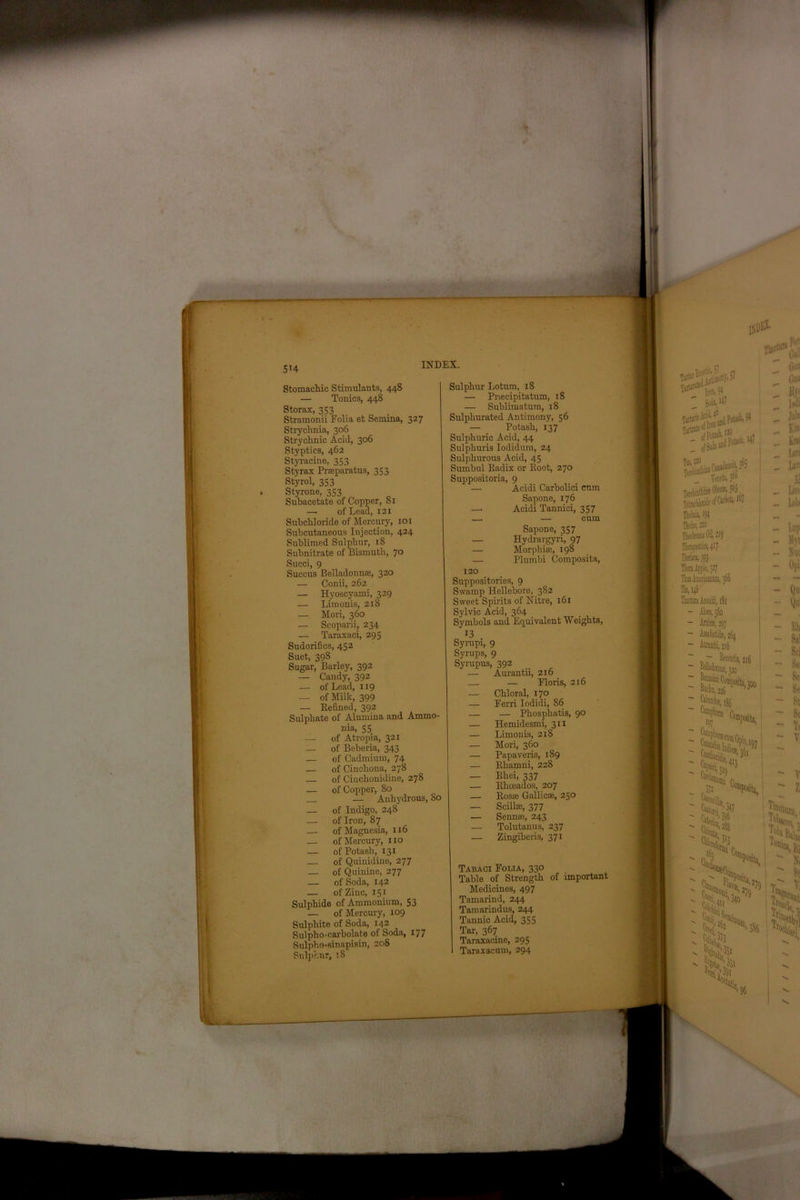 514 Stomachic Stimulants, 448 — Tonics, 448 Storax, 353 Stramonii Folia et Semina, 327 Strychnia, 306 Strychnic Acid, 306 Styptics, 462 Styracine, 353 Styrax Prseparatus, 353 Styrol, 353 Styrone, 353 Subacetate of Copper, 81 —■ of Lead, 121 Subchloride of Mercury, 101 Subcutaneous Injection, 424 Sublimed Sulphur, 18 Subnitrate of Bismuth, 70 Succi, 9 Succus Belladonnas, 320 — Conii, 262 — Hyoscyami, 329 — Limonis, 218 — Mori, 360 — Seoparii, 234 — Taraxaci, 295 Sudorifics, 452 Suet, 398 Sugar, Barley, 392 — Candy, 392 — of Lead, 119 — of Milk, 399 — Refined, 392 Sulphate of Alumina and Ammo- nia, 55 — of Atropia, 321 — of Beberia, 343 — of Cadmium, 74 — of Cinchona, 278 — of Ciuchonidine, 278 — of Copper, 80 — Anhydrous, 80 — of Indigo, 248 — of Iron, 87 — of Magnesia, 116 — of Mercury, 110 — of Potash, 131 — of Quinidine, 277 — of Quinine, 277 — of Soda, 142 — of Zinc, 151 Sulphide of Ammonium, 53 — of Mercury, 109 Sulphite of Soda, 142 Sulpho-carbolate of Soda, 177 Sulpho-sinapisin, 208 Sulphur, 18 Sulphur Lotum, 18 — Pnecipitatum, 18 — Sublimatum, 18 Sulphurated Antimony, 56 — Potash, 137 Sulphuric Acid, 44 Sulphuris Iodidum, 24 Sulphurous Acid, 45 Sumbul Radix or Root, 270 Suppositoria, 9 — Acidi Carbolici cum Sapone, 176 —• Acidi Tannici, 357 — — cum Sapone, 357 — Hydrargyri, 97 — Morphise, 198 — Plumbi Composita, 120 Suppositories, 9 Swamp Hellebore, 382 Sweet Spirits of Nitre, 161 Sylvie Acid, 364 Symbols and Equivalent Weights, Syrupi, 9 Syrups, 9 Syrupus, 392 __ — Aurantii, 2x6 — — Floris, 216 — Chloral, 170 — Ferri Iodidi, 86 — — Phosphatis, 90 — Hemidesmi, 311 — Limonis, 218 — Mori, 360 — Papaveris, 189 — Rhamni, 228 — Rhei, 337 — Rhoeados, 207 — Rosae Gallic*, 250 — Scillce, 377 — Sennas, 243 — Tolutanus, 237 — Zingiberis, 371 Tabaci Folia, 330 Table of Strength of important Medicines, 497 Tamarind, 244 Tamarindus, 244 Tannic Acid, 355 Tar, 367 Taraxacine, 295