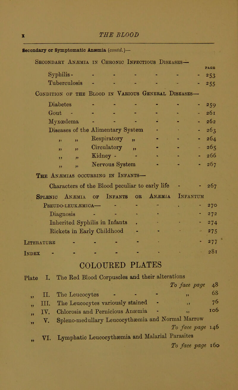 Secondary or Symptomatic Anaemia (contd.)— Secondary Anemia in Chronic Infectious Diseases— PAGE Syphilis- - - - - - - 253 Tuberculosis - - - - - -255 Condition of the Blood in Various General Diseases— Diabetes - Gout - Myxoedema .... Diseases of the Alimentary System „ „ Respiratory „ „ „ Circulatory „ „ „ Kidney - „ „ Nervous System The Anemias occurring in Infants— Characters of the Blood peculiar to early life - 259 - 261 - 262 - 263 - 264 - 265 - 266 - 267 267 Splenic Anaemia of Infants or Anemia Infantum Pseudo-leukjemica— - - - . - 270 Diagnosis - - • * - 272 Inherited Syphilis in Infants . - - - 274 Rickets in Early Childhood - - * - 27 5 Literature ... - * - 277 Index COLOURED PLATES 281 Plate I. The Red Blood Corpuscles and their alterations To face page 48 11 II. The Leucocytes - >< 6S JJ III. The Leucocytes variously stained - ,, 76 || IV. Chlorosis and Pernicious Anaunia - <> 106 11 V. Spleno-medullary Leucocythsemia and Normal Marrow To face page 146 11 VI. Lymphatic Leucocythsemia and Malarial Parasites To face page 160