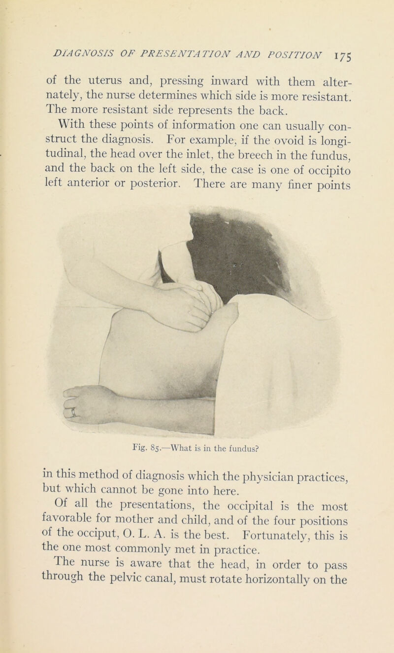 of the uterus and, pressing inward with them alter- nately, the nurse determines which side is more resistant. The more resistant side represents the back. With these points of information one can usually con- struct the diagnosis. For example, if the ovoid is longi- tudinal, the head over the inlet, the breech in the fundus, and the back on the left side, the case is one of occipito left anterior or posterior. There are many finer points :x - - j Fig. 85—What is in the fundus? in this method of diagnosis which the physician practices, but which cannot be gone into here. Of all the presentations, the occipital is the most favorable for mother and child, and of the four positions of the occiput, O. L. A. is the best. Fortunately, this is the one most commonly met in practice. The nurse is aware that the head, in order to pass through the pelvic canal, must rotate horizontally on the