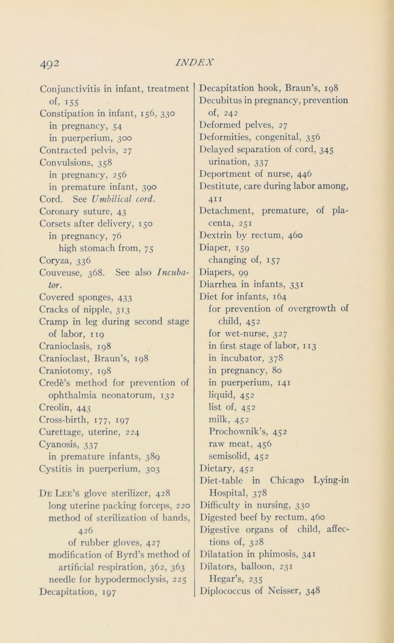 49 2 Conjunctivitis in infant, treatment of, 155 Constipation in infant, 156, 330 in pregnancy, 54 in puerperium, 300 Contracted pelvis, 27 Convulsions, 358 in pregnancy, 256 in premature infant, 390 Cord. See Umbilical cord. Coronary suture, 43 Corsets after delivery, 150 in pregnancy, 76 high stomach from, 75 Coryza, 336 Couveuse, 368. See also Incuba- tor. Covered sponges, 433 Cracks of nipple, 313 Cramp in leg during second stage of labor, 119 Cranioclasis, 198 Cranioclast, Braun’s, 198 Craniotomy, 198 Crede’s method for prevention of ophthalmia neonatorum, 132 Creolin, 443 Cross-birth, 177, 197 Curettage, uterine, 224 Cyanosis, 337 in premature infants, 389 Cystitis in puerperium, 303 De Lee’s glove sterilizer, 428 long uterine packing forceps, 220 method of sterilization of hands, 426 of rubber gloves, 427 modification of Byrd’s method of artificial respiration, 362, 363 needle for hypodermoclysis, 225 Decapitation, 197 Decapitation hook, Braun’s, 198 Decubitus in pregnancy, prevention of, 242 Deformed pelves, 27 Deformities, congenital, 356 Delayed separation of cord, 345 urination, 337 Deportment of nurse, 446 Destitute, care during labor among, 411 Detachment, premature, of pla- centa, 251 Dextrin by rectum, 460 Diaper, 159 changing of, 157 Diapers, 99 Diarrhea in infants, 331 Diet for infants, 164 for prevention of overgrowth of child, 452 for wet-nurse, 327 in first stage of labor, 113 in incubator, 378 in pregnancy, 80 in puerperium, 141 liquid, 452 list of, 452 milk, 452 Prochownik’s, 452 raw meat, 456 semisolid, 452 Dietary, 452 Diet-table in Chicago Lying-in Hospital, 378 Difficulty in nursing, 330 Digested beef by rectum, 460 Digestive organs of child, affec- tions of, 328 Dilatation in phimosis, 341 Dilators, balloon, 231 Hegar’s, 235 Diplococcus of Neisser, 348