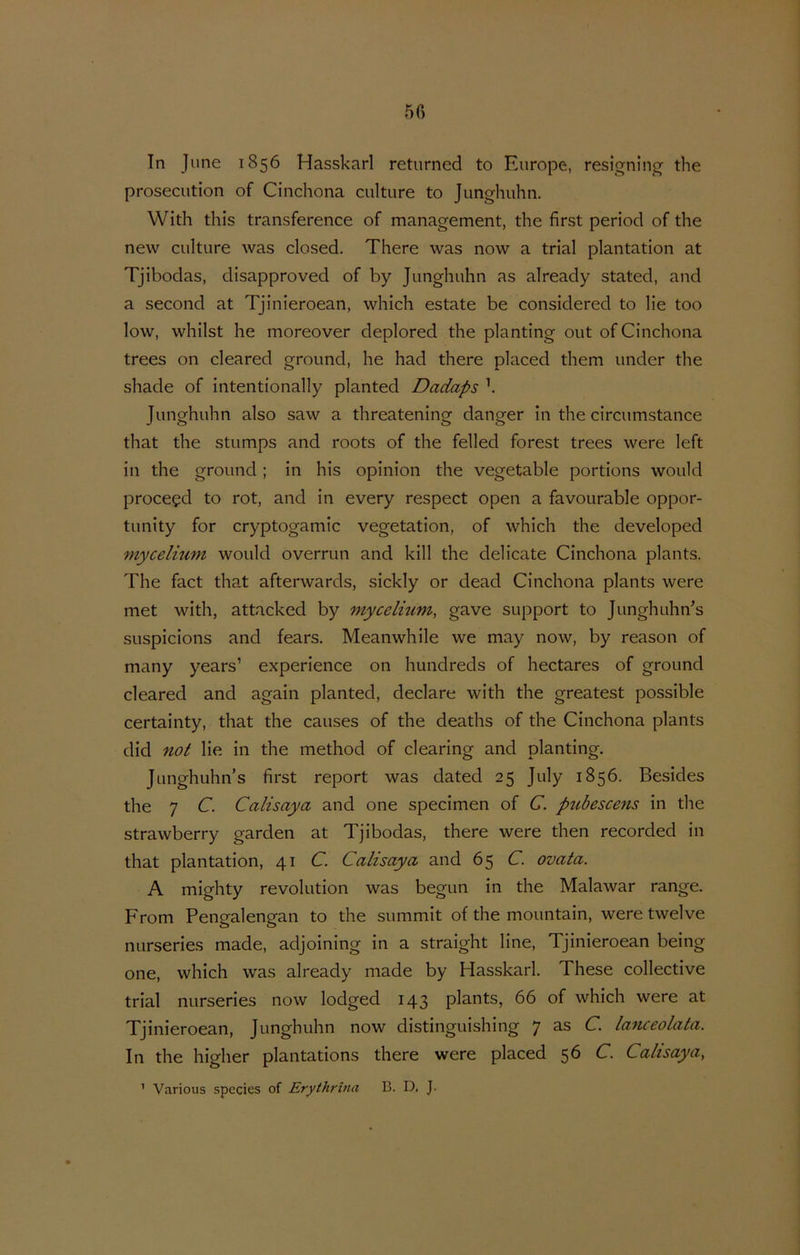 5fi In Jiine 1856 Hasskarl returned to Europe, resignin^ the prosecution of Cinchona culture to Junghuhn. With this transference of management, the first period of the new culture was closed. There was now a trial plantation at Tjibodas, disapproved of by Junghuhn as already stated, and a second at Tjinieroean, which estate be considered to lie too low, whilst he moreover deplored the planting out of Cinchona trees on cleared ground, he had there placed them under the shade of intentionally planted Dadaps h Junghuhn also saw a threatening danger in the circumstance that the stumps and roots of the felled forest trees were left in the ground ; in his opinion the vegetable portions would proce^d to rot, and in every respect open a favourable oppor- tunity for cryptogamic vegetation, of which the developed mycelium would overrun and kill the delicate Cinchona plants. The fact that afterwards, sickly or dead Cinchona plants were met with, attacked by mycelium, gave support to Junghuhn’s suspicions and fears. Meanwhile we may now, by reason of many years’ experience on hundreds of hectares of ground cleared and again planted, declare with the greatest possible certainty, that the causes of the deaths of the Cinchona plants did not lie in the method of clearing and planting. Junghuhn’s first report was dated 25 July 1856. Besides the 7 C. Calisaya and one specimen of C. pubescens in the strawberry garden at Tjibodas, there were then recorded in that plantation, 41 C. Calisaya and 65 C. ovata. A mighty revolution was begun in the Malawar range. From Pengalengan to the summit of the mountain, weretwelve nurseries made, adjoining in a straight line, Tjinieroean being one, which was already made by Hasskarl. These collective trial nurseries now lodged 143 plants, 66 of which were at Tjinieroean, Junghuhn now distinguishing 7 as C. lanceolata. In the higher plantations there were placed 56 C. Calisaya, ’ Various species of Erythrina B. D. J.