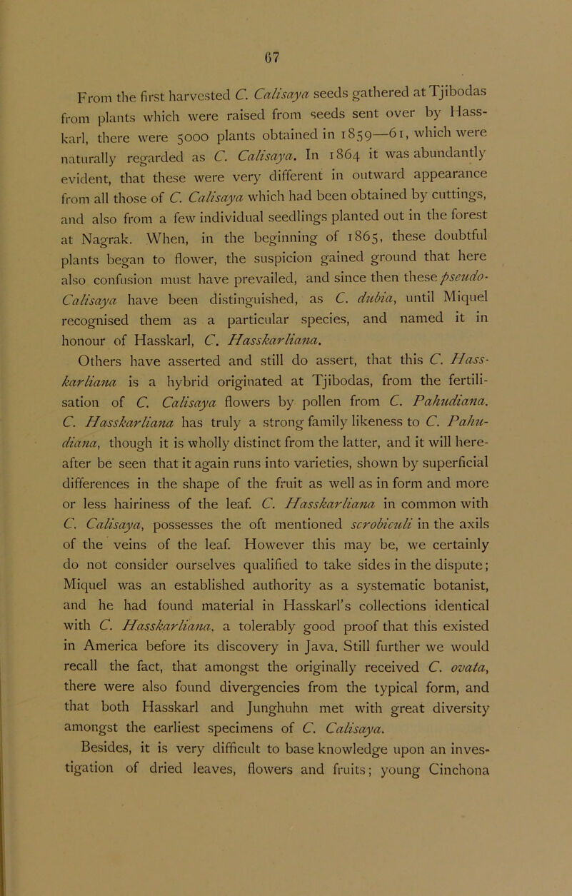 From the first harvested C. Calisaya seeds gathered atTjibodas from plants which were raised from seeds sent over by Hass- karl, there were 5000 plants obtained in 1859—61, which were naturally regarded as C. Calisciyci. In 1864 it was abundantly evident, that these were very different in ontward appearance from all those of C. Calisaya which had been obtained by cuttings, and also from a few individual seedlings planted out in the forest at Nagrak. When, in the beginning of 1865, these doubtful plants began to flower, the suspicion gained ground that here also confiision must have prevailed, and since then these Calisaya have been distinguished, as C. ditbia^ until Miquel recognised them as a particular species, and named it in honour of Hasskarl, C. Hasskarliana. Others have asserted and still do assert, that this C. Hass- karliana is a hybrid originated at Tjibodas, from the fertili- sation of C. Calisaya flowers by pollen from C. Pahudiana. C. Hasskarliana has truly a strong family likeness to C. Pahu- diana, though it is wholly distinct from the latter, and it will here- after be seen that it again runs into varieties, shown by superficial differences in the shape of the fruit as well as in form and more or less hairiness of the leaf C. Hasska^diana in common with C Calisaya, possesses the oft mentioned scrobimli in the axils of the veins of the leaf However this may be, we certainly do not consider ourselves qualified to take sides in the dispute; Miquel was an established authority as a systematic botanist, and he had found material in Hasskarl’s collections identical with C. Hasskarliana, a tolerably good proof that this existed in America before its discovery in Java. Still further we would recall the fact, that amongst the originally received C. ovata, there were also found divergencies from the typical form, and that both Hasskarl and Junghuhn met with great diversity amongst the earliest specimens of C. Calisaya. Besides, it is very difficult to base knowledge upon an inves- tigation of dried leaves, flowers and fruits; young Cinchona