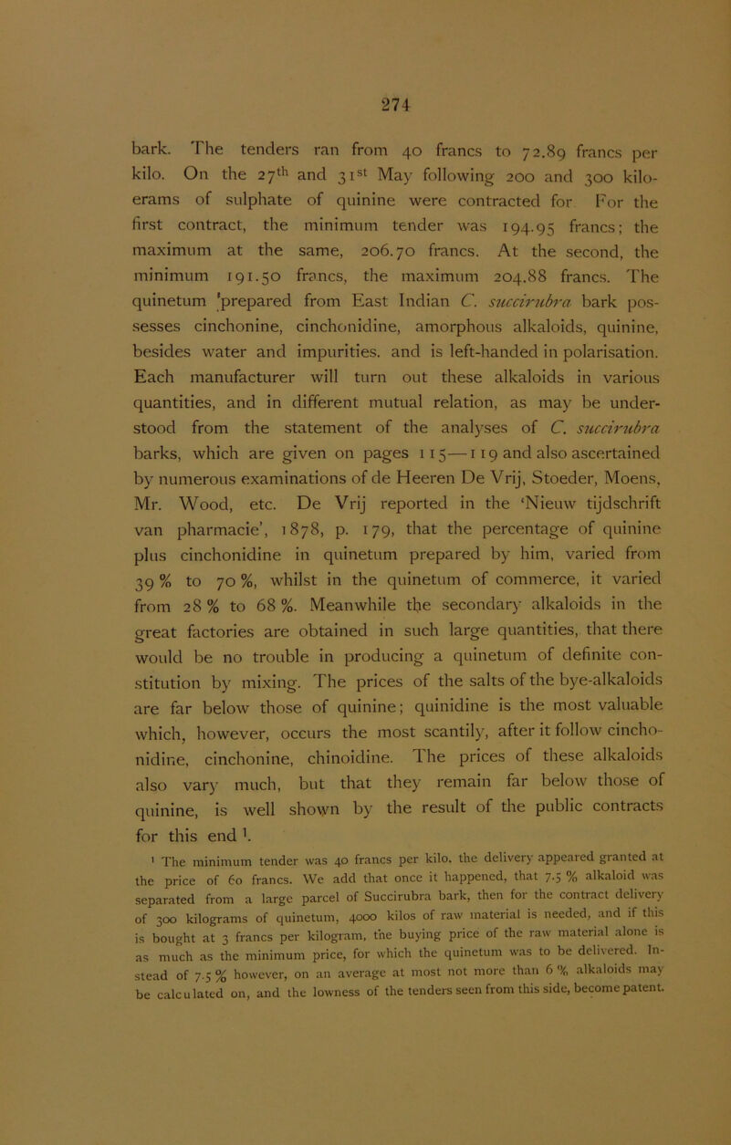 bark. The tenders ran from 40 francs to 72.89 francs per kilo. On the 27*:^ and 3ist May following 200 and 300 kilo- erams of sulphate of quinine were contracted for For the first contract, the minimum tender was 194.95 francs; the maximum at the same, 206.70 francs. At the second, the minimum 191.50 francs, the maximum 204.88 franc.s. The quinetum ’prepared from East Indian C. succirubi'a bark pos- sesses cinchonine, cinchonidine, amorphous alkaloids, quinine, besides water and impurities. and is left-handed in polarisation. Each manufacturer will turn out these alkaloids in various quantities, and in different mutual relation, as may be under- stood from the statement of the analyses of C. succirtibra barks, which are given on pages 115—119 and also ascertained by numerous examinations of de Heeren De Vrij, Stoeder, Moens, Mr. Wood, etc. De Vrij reported in the ‘Nieuw tijdschrift van pharmacie’, 1878, p. 179, that the percentage of quinine plus cinchonidine in quinetum prepared by him, varied from 39 % to 70 %, whilst in the quinetum of commerce, it varied from 28% to 68%. Meanwhile the secondary alkaloids in the great factories are obtained in such large quantities, that there would be no trouble in producing a quinetum of definite con- stitution by mixing. The prices of the salts of the bye-alkaloids are far below those of quinine; quinidine is the most valuable which, however, occurs the most scantily, after it follow cincho- nidine, cinchonine, chinoidine. The prices of these alkaloids also vary much, but that they remain far below those of quinine, is well shovyn by the result of the public contracts for this end \ ' The minimum tender was 40 francs per kilo. the delivery appeared granted at the price of 60 francs. We add that once it happencd, that 7.5 % alkaloid was separated from a large parcel of Succirubra bark, then foi the contract deliverj of 300 kilograms of quinetum, 4000 kilos of raw material is needed, and if this is bought at 3 francs per kilogram, the buying price of the raw material alone is as much as the minimum price, for which the quinetum was to be delivered. In- stead of 7-5 % however, on an average at most not more than 6 % alkaloids may be calculatcd on, and the lowness of the tenders seen from this side, become patent.