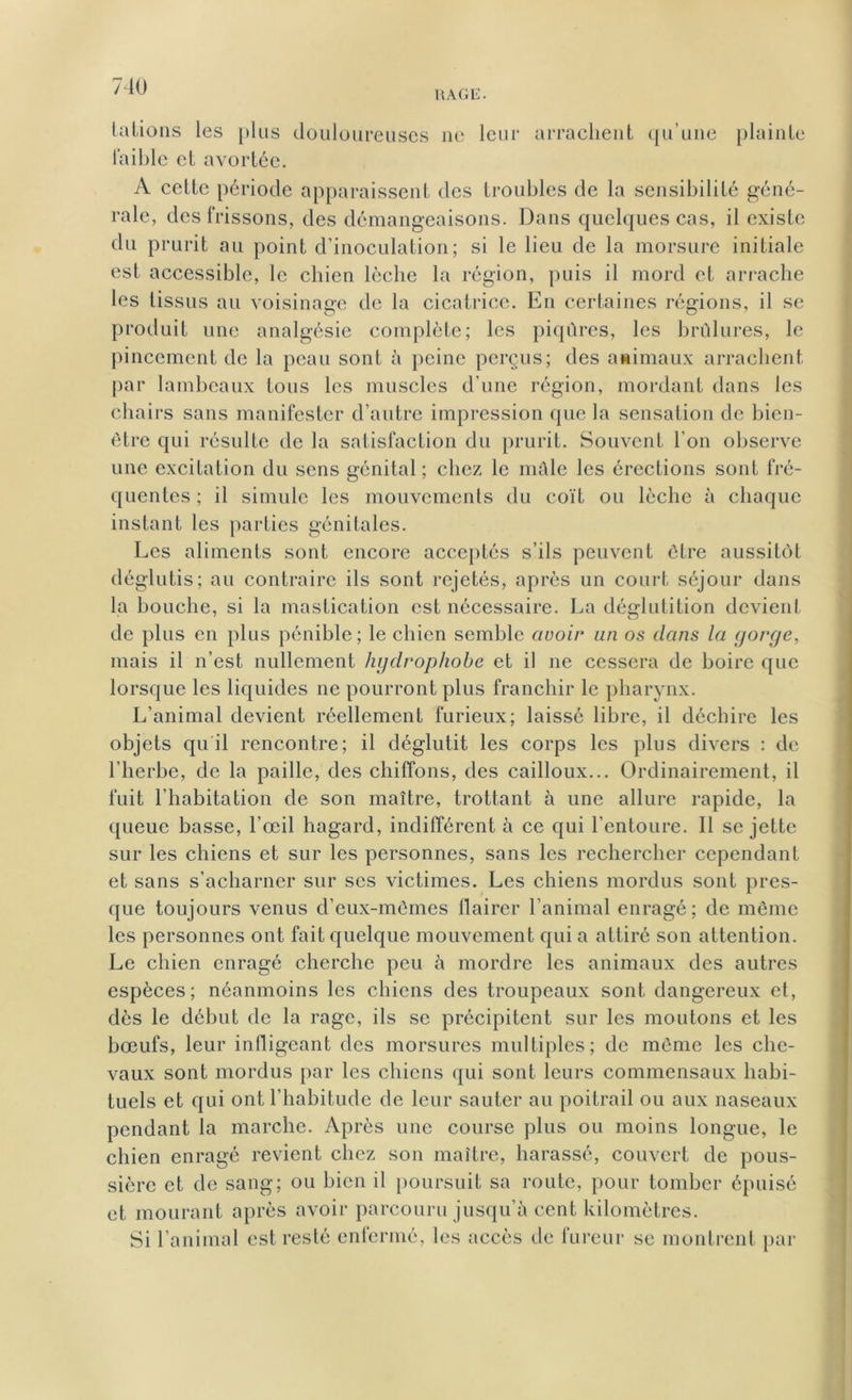 710 HAGE. talions les plus douloureuses ne leur arrachent qu’une plainte laible et avortée. A cette période apparaissent des troubles de la sensibilité géné- rale, des frissons, des démangeaisons. Dans quelques cas, il existe du prurit au point d’inoculation; si le lieu de la morsure initiale est accessible, le chien lèche la région, puis il mord et arrache les tissus au voisinage de la cicatrice. En certaines régions, il se produit une analgésie complète; les piqûres, les brûlures, le pincement de la peau sont à peine perçus; des animaux arrachent par lambeaux tous les muscles d’une région, mordant dans les chairs sans manifester d’autre impression que la sensation de bien- être qui résulte de la satisfaction du prurit. Souvent l’on observe une excitation du sens génital; chez le mâle les érections sont fré- quentes ; il simule les mouvements du coït ou lèche à chaque instant les parties génitales. Les aliments sont encore acceptés s’ils peuvent être aussitôt déglutis; au contraire ils sont rejetés, après un court séjour dans la bouche, si la mastication est nécessaire. La déglutition devient de plus en plus pénible; le chien semble avoir un os dans la gorge, mais il n’est nullement hydrophobe et il ne cessera de boire que lorsque les liquides ne pourront plus franchir le pharynx. L’animal devient réellement furieux; laissé libre, il déchire les objets qu'il rencontre; il déglutit les corps les plus divers : de l’herbe, de la paille, des chiffons, des cailloux... Ordinairement, il fuit l’habitation de son maître, trottant à une allure rapide, la queue basse, l’œil hagard, indifférent à ce qui l’entoure. Il se jette sur les chiens et sur les personnes, sans les rechercher cependant et sans s’acharner sur ses victimes. Les chiens mordus sont pres- que toujours venus d’eux-mêmes flairer l’animal enragé; de même les personnes ont fait quelque mouvement qui a attiré son attention. Le chien enragé cherche peu à mordre les animaux des autres espèces; néanmoins les chiens des troupeaux sont dangereux et, dès le début de la rage, ils se précipitent sur les moutons et les bœufs, leur infligeant des morsures multiples; de même les che- vaux sont mordus par les chiens qui sont leurs commensaux habi- tuels et qui ont l’habitude de leur sauter au poitrail ou aux naseaux pendant la marche. Après une course plus ou moins longue, le chien enragé revient chez son maître, harassé, couvert de pous- sière et de sang; ou bien il poursuit sa route, pour tomber épuisé et mourant après avoir parcouru jusqu’à cent kilomètres. Si l’animal est resté enfermé, les accès de fureur se montrent par