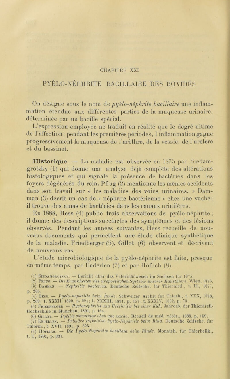 CHAPITRE XXI PYÉLO-NÉPHRITE BACILLAIRE DES BOVIDÉS On désigne sous le nom de pyèlo-néphrite bacillaire une inflam- mation étendue aux différentes parties de la muqueuse urinaire, déterminée par un bacille spécial. L’expression employée ne traduit en réalité que le degré ultime de l’affection; pendant les premières périodes, l’inflammation gagne progressivement la muqueuse de l’urèthre, de la vessie, de l’uretère et du bassinet. Historique. — La maladie est observée en 1875 par Siedam- grotzky (1) qui donne une analyse déjà complète des altérations histologiques et qui signale la présence de bactéries dans les foyers dégénérés du rein. Pllug (2) mentionne les mêmes accidents dans son travail sur « les maladies des voies urinaires. » Dam- man (3) décrit un cas de « néphrite bactérienne » chez une vache; il trouve des amas de bactéries dans les canaux urinifères. En 1888, Hess (4) publie trois observations de pyélo-néphrite ; il donne des descriptions succinctes des symptômes et des lésions observés. Pendant les années suivantes, Hess recueille de nou- veaux documents qui permettent une étude clinique synthétique delà maladie. Friedberger (5), Gillot (6) observent et décrivent de nouveaux cas. L’étude microbiologique de la pyélo-néphrite est faite, presque en même temps, par Enderlen (7) et par Iloflich (8). (1) Siedamgrotzky. — Bericht über das Veterinarwesen im Sachsen fur 1875. (2) Pflug. — Die Krankheiten des uropoëtischen Systems unserer Hausthiere. Wien, 187G. (3) Damman. — Nephritis bacterica. Deutsche Zeilschr. fur Thiermed., t. III, 1877, p. 265. (4) Hess. — Pyelo-nephritis beim blinde. Schweizer Archiv fur Thierh., t. XXX, 1888, p. 269; t. XXXII, 1890, p. 224; t. XXXIII, 1891, p. 157 ; t. XXXIV, 1892, p. 70. (5) Friedberger. — Pyelonephritis und Uretliritis bei einer Kuh. Jahresb. der Tbierârztl- Ilochschule in München, 1891, p. 164. (6) Gillot. — Pyélite chronique chez une vache. Recueil de méd. vétér., 1888, p. 159. (7) Enderlen. — Primüre infectiose Pyelo-Nephritis beim Rind. Deutsche Zeitschr. fur Thierm., t. XVII, 1891, p. 325. (8) IIôflich. — Die Pyelo-Nephritis bacil/osa beim Rinde. Monatsh. für Thierheilk., t. II, 1891, p. 337.