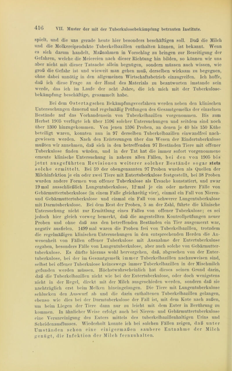 spielt, und die uns gerade heute hier besonders beschäftigen soll. Daß die Milch und die Molkereiprodukte Tuberkelbazillen enthalten können, ist bekannt. Wenn es sich darum handelt, Maßnahmen in Vorschlag zu bringen zur Beseitigung der Gefahren, welche die Meiereien nach dieser Kichtung hin bilden, so können wir uns aber nicht mit dieser Tatsache allein begnügen, sondern müssen auch wissen, wie groß die Gefahr ist und wieweit man gehen muß, derselben wirksam zu begegnen, ohne dabei unnötig in den allgemeinen Wirtschaftsbetrieb einzugreifen. Ich hoffe, daß ich diese Frage an der Hand des Materials zu beantworten imstande sein werde, das ich im Laufe der acht Jahre, die ich mich mit der Tuberkulose- bekämpfung beschäftige, gesammelt habe. Bei dem Ostertagschen Bekämpfungsverfahren werden neben den klinischen Untersuchungen dauernd und regelmäßig Prüfungen des Gesamtgemelks der einzelnen Bestände auf das Vorhandensein von Tuberkelbazillen vorgenommen. Bis zum Herbst 1905 verfügte ich über 1596 solcher Untersuchungen und seitdem sind noch über 1300 hinzugekommen. Von jenen 1596 Proben, an denen je 40 bis 150 Kühe beteiligt waren, konnten nun in 97 derselben Tuberkelbazillen einwandfrei nach- gewiesen werden. Nach den Erörterungen über das Wesen der Bindertuberkulose mußten wir annehmen, daß sich in den betreffenden 97 Beständen Tiere mit offener Tuberkulose linden würden, und in der Tat hat die immer sofort vorgenommene erneute klinische Untersuchung in nahezu allen Fällen, bei den von 1905 bis jetzt ausgeführten Bevisionen weiterer solcher Bestände sogar stets solche ermittelt. Bei 59 der obengenannten 97 Proben wurden als Quellen der Milchinfektion je ein oder zwei Tiere mit Eutertuberkulose festgestellt, bei 38 Proben wurden andere Formen von offener Tuberkulose als Ursache konstatiert, und zwar 19 mal ausschließlich Lungentuberkulose, 12 mal je ein oder mehrere Fälle von Gebärmuttertuberkulose (in einem Falle gleichzeitig vier), einmal ein Fall von Nieren- und Gebärmuttertuberkulose und einmal ein Fall von schwerer Lungentuberkulose mit Darmtuberkulose. Bei dem Best der Proben, 5 an der Zahl, führte die klinische Untersuchung nicht zur Ermittlung eines Falles von offener Tuberkulose; es sei jedoch hier gleich vorweg bemerkt, daß die angestellten Kontrollprüfungen neuer Proben und ohne daß aus den betreffenden Beständen ein Tier ausgemerzt war, negativ ausfielen. 1499 mal waren die Proben frei von Tuberkelbazillen, trotzdem die regelmäßigen klinischen Untersuchungen in den entsprechenden Herden die An- wesenheit von Fällen offener Tuberkulose mit Ausnahme der Eutertuberkulose ergaben, besonders Fälle von Lungentuberkulose, aber auch solche von Gebärmutter- tuberkulöse. Es dürfte hieraus wohl hervorgehen, daß, abgesehen von der Euter- tuberkulose, bei der im Gesamtgemelk immer Tuberkelbazillen nachzuweisen sind, selbst bei offener Tuberkulose keineswegs immer Tuberkelbazillen in der Mischmilch gefunden werden müssen. Höchstwahrscheinlich hat dieses seinen Grund darin, daß die Tuberkelbazillen nicht wie bei der Eutertuberkulose, oder doch wenigstens nicht in der Kegel, direkt mit der Milch ausgeschieden werden, sondern daß sie nachträglich erst beim Melken hineingelangen. Die Tiere mit Lungentuberkulose schlucken den Auswurf ab und die darin enthaltenen Tuberkelbazillen gelangen, ebenso wie dies bei der Darmtuberkulose der Fall ist, mit dem Kote nach außen, um beim Liegen der Tiere dann nur zu leicht mit dem Euter in Berührung zu kommen. In ähnlicher Weise erfolgt auch bei Nieren- und Gebärmuttertuberkulose eine Verunreinigung des Euters mittels des tuberkelbazillenhaltigen Urins und Scheidenausflusses. Wiederholt konnte ich bei solchen Fällen zeigen, daß unter Umständen schon eine einigermaßen saubere Entnahme der Milch