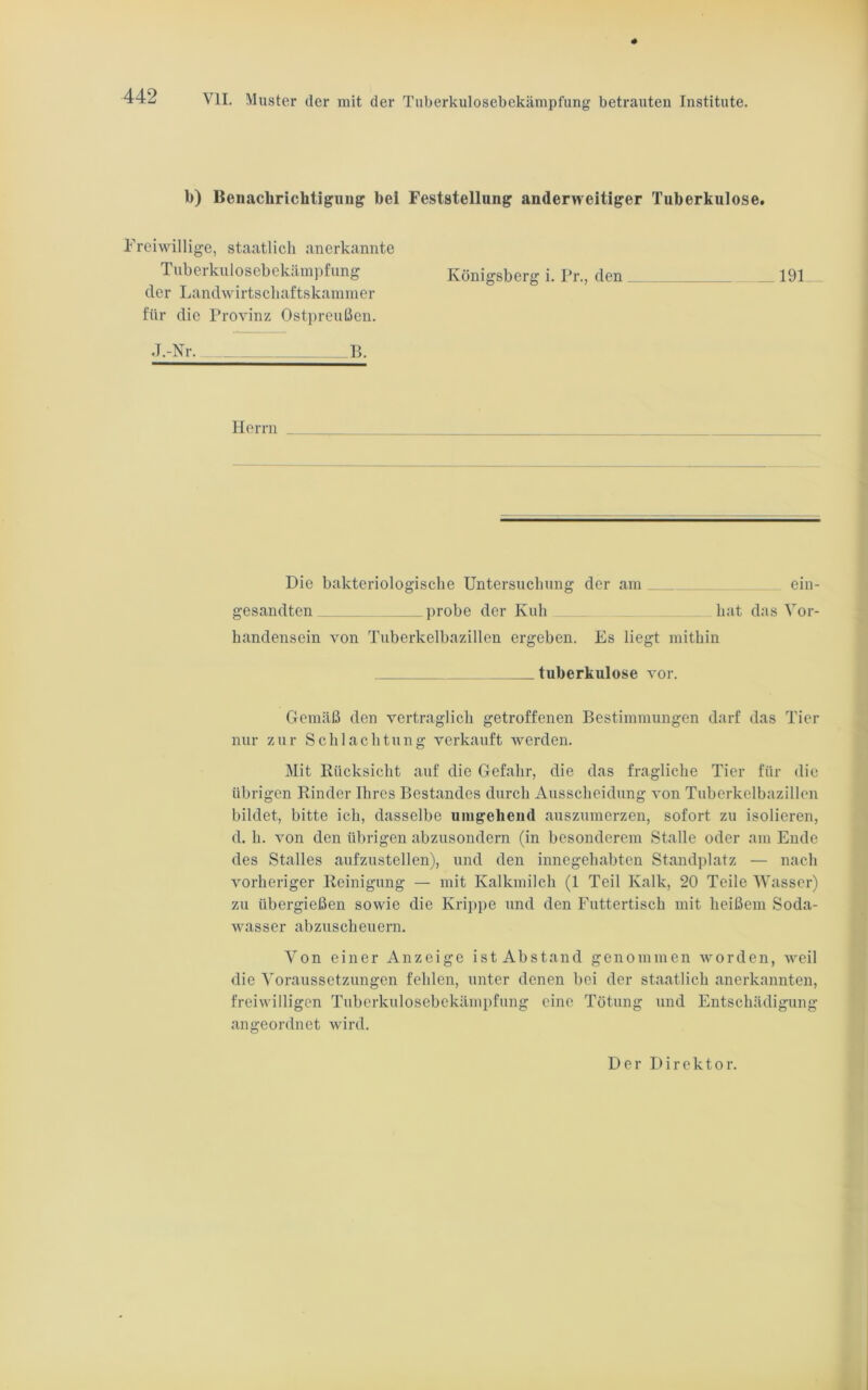 b) Benachrichtigung bei Feststellung anderweitiger Tuberkulose. Freiwillige, staatlich anerkannte Tuberkulosebekämpfung Königsberg i. Pr., den 191 der Landwirtschaftskammer für die Provinz Ostpreußen. J.-Nr. B. Herrn Die bakteriologische Untersuchung der am ein- gesandten probe der Kuh hat das Vor- handensein von Tuberkelbazillen ergeben. Es liegt mithin tuberkulöse vor. Gemäß den vertraglich getroffenen Bestimmungen darf das Tier nur zur Schlachtung verkauft werden. Mit Rücksicht auf die Gefahr, die das fragliche Tier für die übrigen Rinder Ihres Bestandes durch Ausscheidung von Tuberkelbazillen bildet, bitte ich, dasselbe umgehend auszumerzen, sofort zu isolieren, d. h. von den übrigen abzusondern (in besonderem Stalle oder am Ende des Stalles aufzustellen), und den innegehabten Standplatz — nach vorheriger Reinigung — mit Kalkmilch (1 Teil Kalk, 20 Teile Wasser) zu übergießen sowie die Krippe und den Futtertisch mit heißem Soda- wasser abzuscheuern. Von einer Anzeige ist Abstand genommen worden, weil die Voraussetzungen fehlen, unter denen bei der staatlich anerkannten, freiwilligen Tuberkulosebekämpfung eine Tötung und Entschädigung angeordnet wird. Der Direktor.