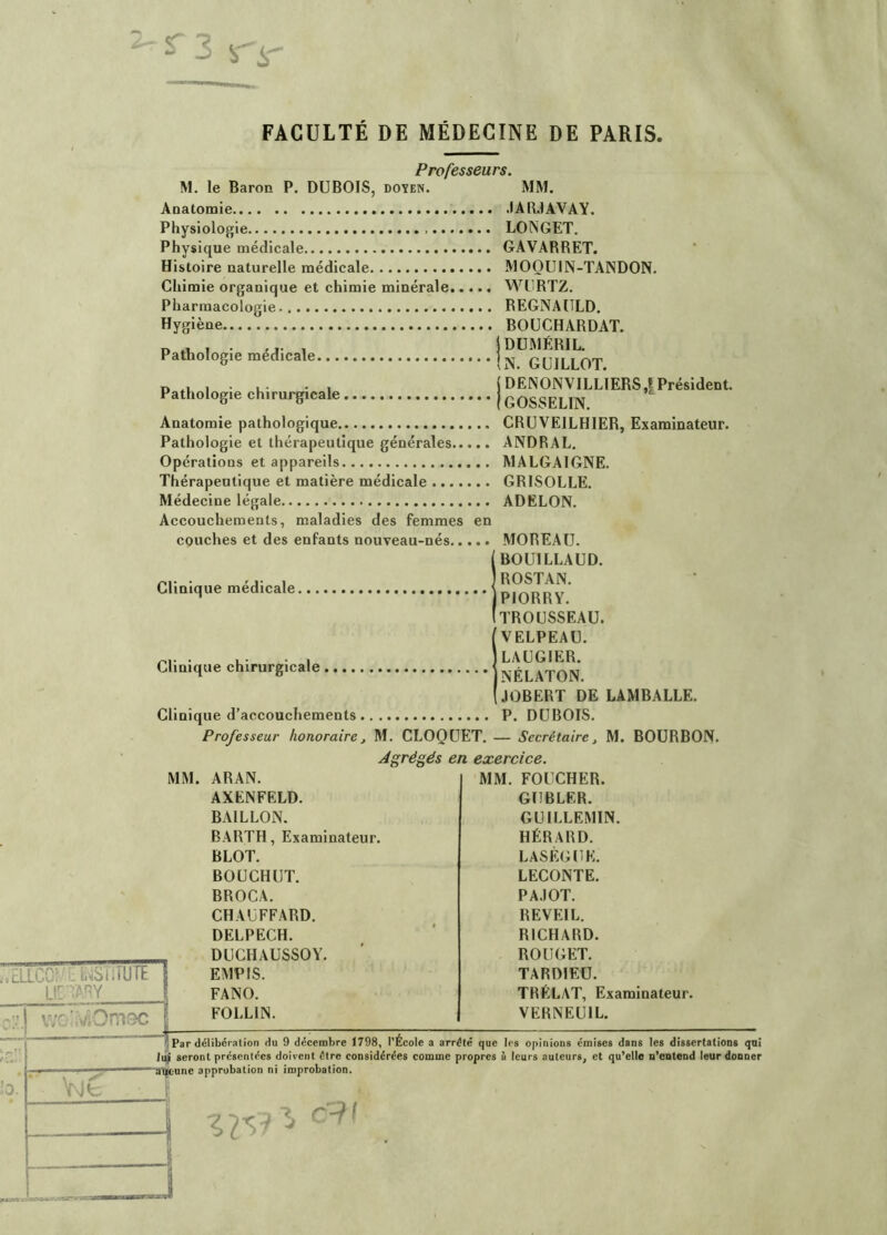 FACULTÉ DE MÉDECINE DE PARIS. ;0. Professeurs. M. le Baron P. DUBOIS, doïen. MM. Anatomie IA (1,1 AVAY. Physiologie LONGET. Physique médicale GAVARBET. Histoire naturelle médicale MOOUIN-TANDON. Chimie organique et chimie minérale WURTZ. Pharmacologie REGNAULD. Hygiène BOUCHARDAT. D I • 1 jDUMÉRlL. Pathologie médicale GUILLOT O , . . . . , (DENONVILLIERS.I Président. Pathologie chirurgicale | Anatomie pathologique CRÜVEILHIER, Exaraioateur. Pathologie et thérapeutique générales ANDRAL. Opérations et appareils MALGAIGNE. Thérapeutique et matière médicale GRISOLLE. Médecine légale ADELON. Accouchements, maladies des femmes en couches et des enfants nouveau-nés MOREAU. BOUILLAUD. ROSTAN. IPIORRY. [TROUSSEAU. VELPEAU. LAUGIER. NÉLATON. JOBERT DE LAMBALLE. Clinique d’accouchements P. DUBOIS. Professeur honoraire, M. CLOQUET. — Secrétaire, M. BOURBON. Agrégés en exercice. Clinique médicale. Clinique chirurgicale, ;.£LLCC?'i: b^STiîUTE LIÜ'ÏAIY MM. ARAN. AXENFELD. BAILLON. BARTH, Examinateur. BLOT. BOÜCHUT. BROCA. CHAUFFARD. DELPECH. DUCHAUSSOY. EMPIS. FANO. FOLLIN. MM. FOUCHER. GUBLER. GUILLEMIN. HÉRARD. LASRtJUK. LECONTE. PA.10T. REVEIL. RICHARD. ROUGET. TARDIEU. TRELAT, Examinateur. VERNEUIL. Par délibération du 9 décembre 1798, l'École a arrête que les opinions émises dans les dissertations qai ii|| seront présentc^cs doivent être considérées comme propres à leurs auteurs^ et qu’elle n’entend leur donner “ailoune approbation ni improbation.