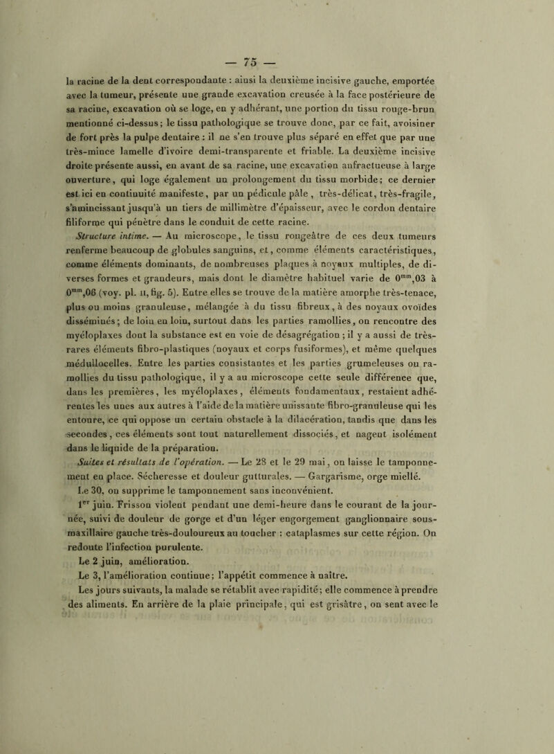 la racioe de la dent correspondante : ainsi la deuxième incisive gauche, emportée avec la tumeur, présente une grande excavation creusée à la face postérieure de sa racine, excavation où se loge, en y adhérant, une portion du tissu rouge-brun mentionné ci-dessus; le tissu pathologique se trouve donc, par ce fait, avoisiner de fort près la pulpe dentaire : il ne s’en trouve plus séparé en effet que par une très-mince lamelle d’ivoire demi-transparente et friable. La deuxième incisive droite présente aussi, eu avant de sa racine, une excavation anfractueuse à large ouverture, qui loge également un prolongement du tissu morbide ; ce dernier est ici en continuité manifeste, par un pédicule pâle , très-délicat, très-fragile, s’amincissant jusqu’à un tiers de millimètre d’épaisseur, avec le cordon dentaire filiforme qui pénètre dans le conduit de cette racine. Structure intime. — Au microscope, le tissu rougeâtre de ces deux tumeurs renferme beaucoup de globules sanguins, et, comme éléments caractéristiques, comme éléments dominants, de nombreuses plaques à noyaux multiples, de di- verses formes et grandeurs, mais dont le diamètre habituel varie de 0,03 à 0mm,06 (voy. pl. n, fig- 5). Entre elles se trouve delà matière amorphe très-tenace, plus ou moins granuleuse, mélangée à du tissu fibreux, à des noyaux ovoïdes disséminés ; de loin en loin, surtout dans les parties ramollies, on rencontre des myéloplaxes dont la substance est en voie de désagrégation ; il y a aussi de très- rares éléments fibro-plastiques (noyaux et corps fusiformes), et même quelques raéduilocelles. Entre les parties consistantes et les parties grumeleuses ou ra- mollies du tissu pathologique, il y a au microscope cette seule différence que, dans les premières, les myéloplaxes, éléments fondamentaux, restaient adhé- rentes les unes aux autres à l’aide de la matière unissante fibro-granuleuse qui les entoure, ce qui oppose un certain obstacle à la dilacération, tandis que dans les secondes, ces éléments sont tout naturellement dissociés, et nagent isolément dans le bquide de la préparation. Suites et résultats de l’opération. — Le 28 et le 29 mai, on laisse le tamponne- ment en place. Sécheresse et douleur gutturales. — Gargarisme, orge miellé. Le 30, on supprime le tamponnement sans inconvénient. 1^' juin. Erisson violent pendant une demi-heure dans le courant de la jour- née, suivi de douleur de gorge et d’un léger engorgement ganglionnaire sous- maxillaire gauche très-douloureux au toucher ; cataplasmes sur cette région. On redoute l’infection purulente. Le 2 juin, amélioration. Le 3, l’amélioration continue; l’appétit commence à naître. Les jours suivants, la malade se rétablit avec rapidité; elle commence à prendre des aliments. En arrière de la plaie principale, qui est grisâtre, on sent avec le